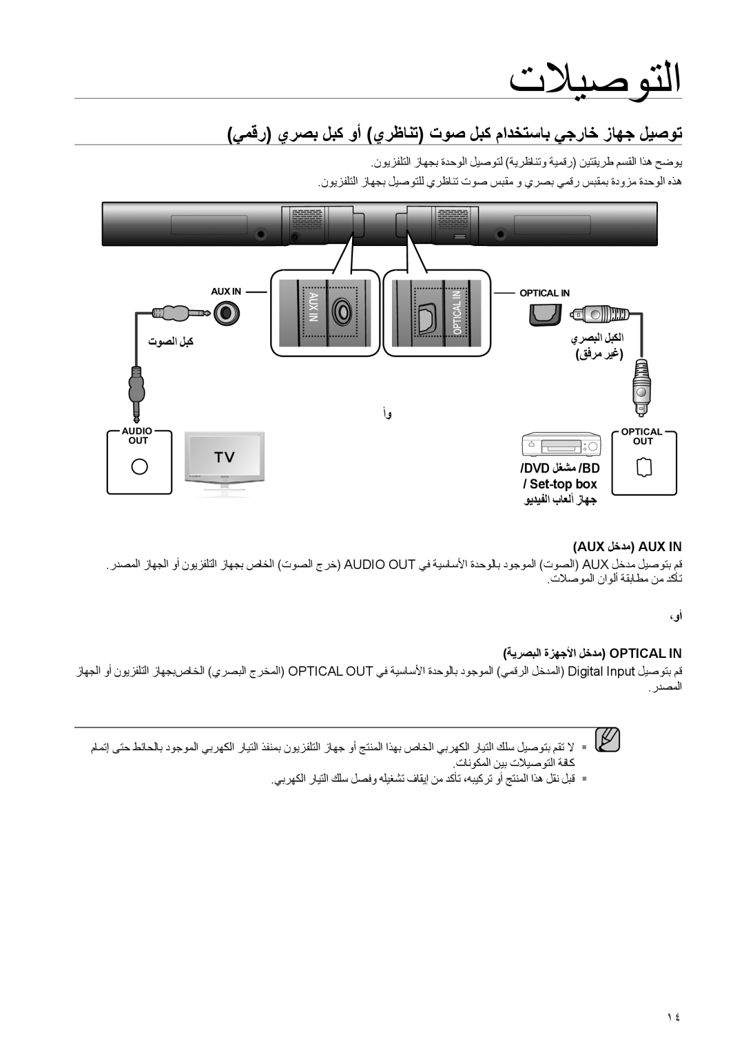 Samsung HW-H551/UM, HW-H550/UM يمقر يرصب لبك وأ يرظانت توص لبك مادختساب يجراخ زاهج ليصوت, توصلا لبك, يرصبلا لبكلا قفرم ريغ 