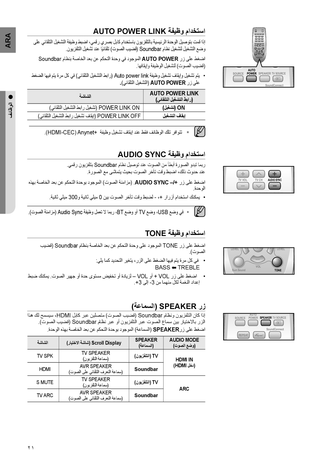 Samsung HW-H550/ZN manual Auto Power Link ةفيظو مادختسا, Audio Sync ةفيظو مادختسا, Tone ةفيظو مادختسا, ةعامسلا Speaker رز 