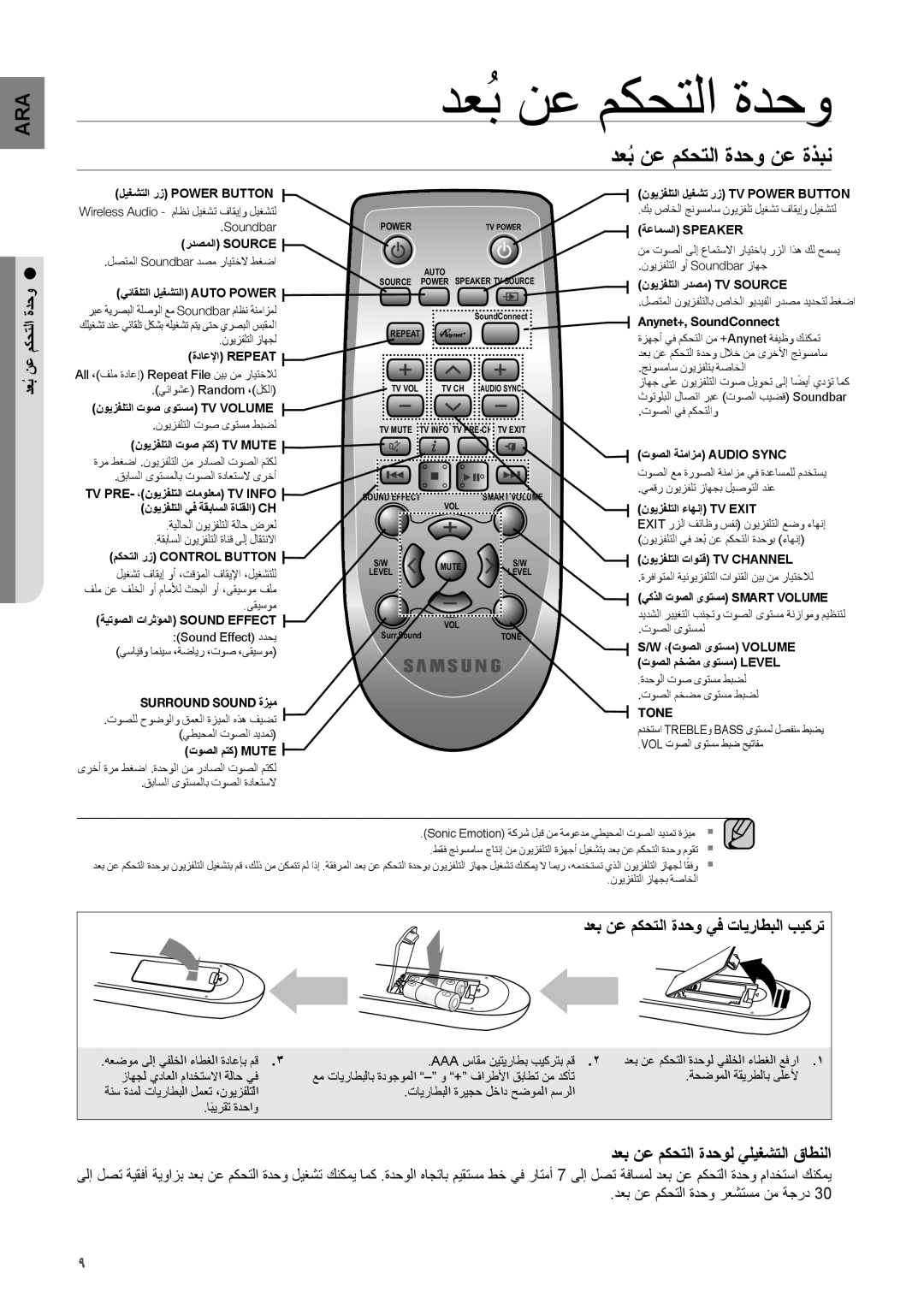 Samsung HW-H551/UM, HW-H550/UM, HW-H550/ZN, HW-H551/ZN, HW-H551/SJ manual دعُب نع مكحتلا ةدحو, دعبُ نع مكحتلا ةدحو نع ةذبن 