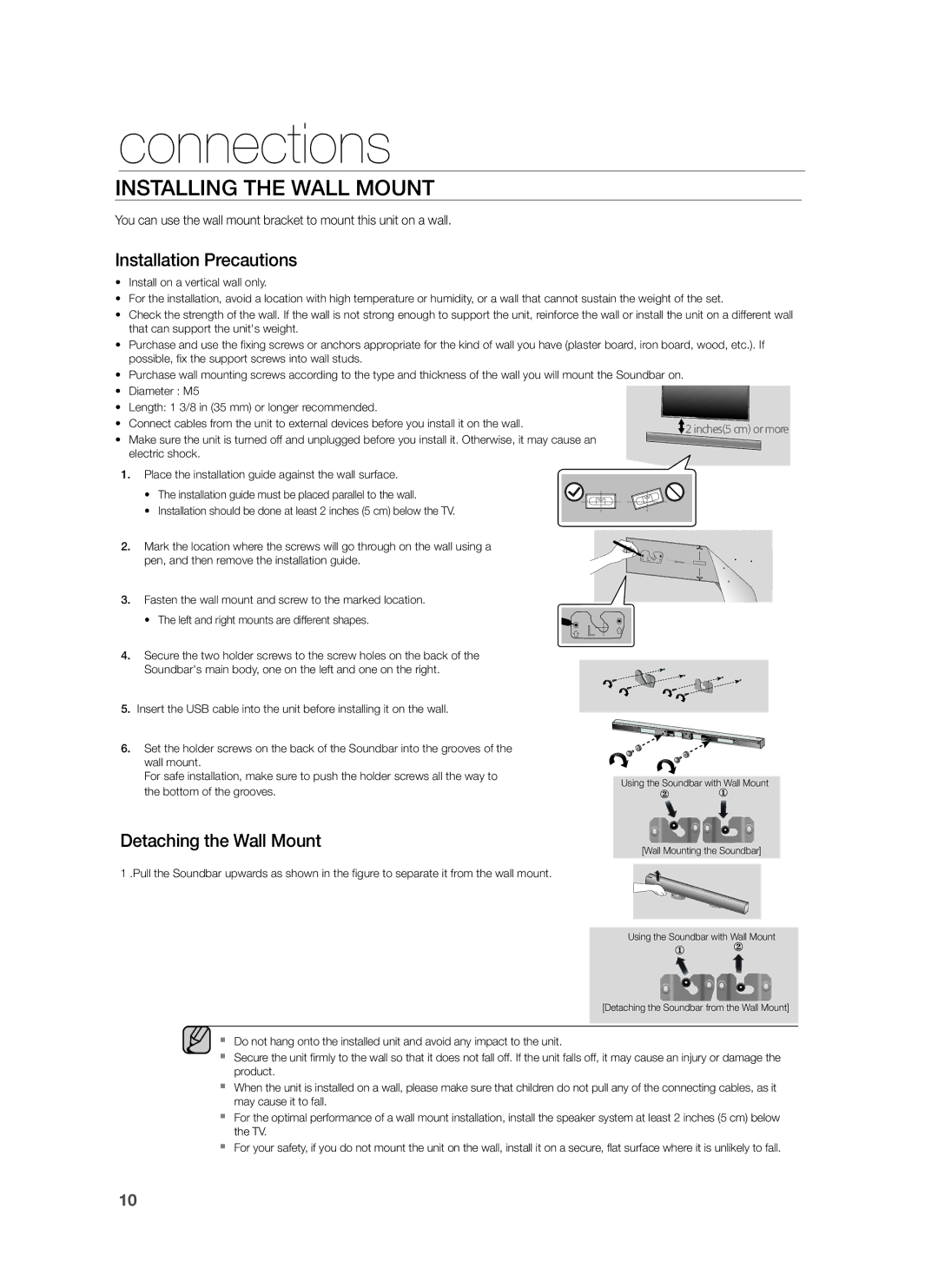 Samsung HW-H550/UM, HW-H550/ZN, HW-H551/ZN, HW-H551/SJ, HW-H551/UM manual Connections, Installing the Wall Mount 