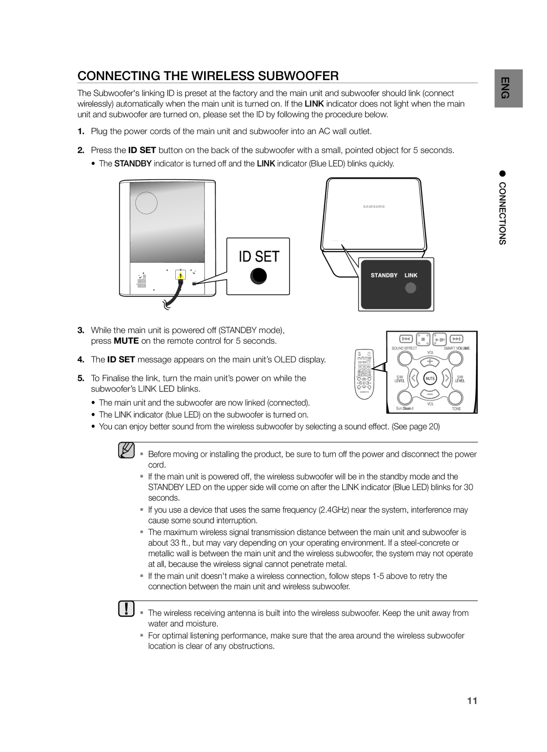 Samsung HW-H550/ZN, HW-H550/UM, HW-H551/ZN, HW-H551/SJ, HW-H551/UM manual Connecting the Wireless Subwoofer, Connections 