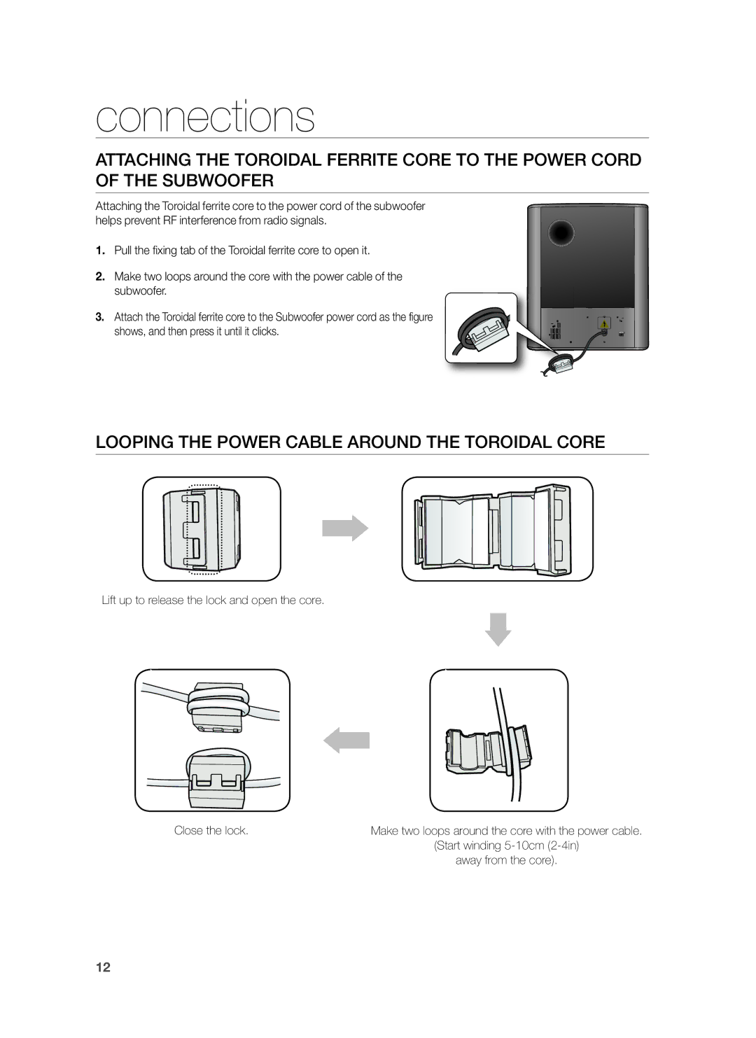 Samsung HW-H551/ZN, HW-H550/UM, HW-H550/ZN, HW-H551/SJ, HW-H551/UM manual Looping the Power Cable around the Toroidal Core 