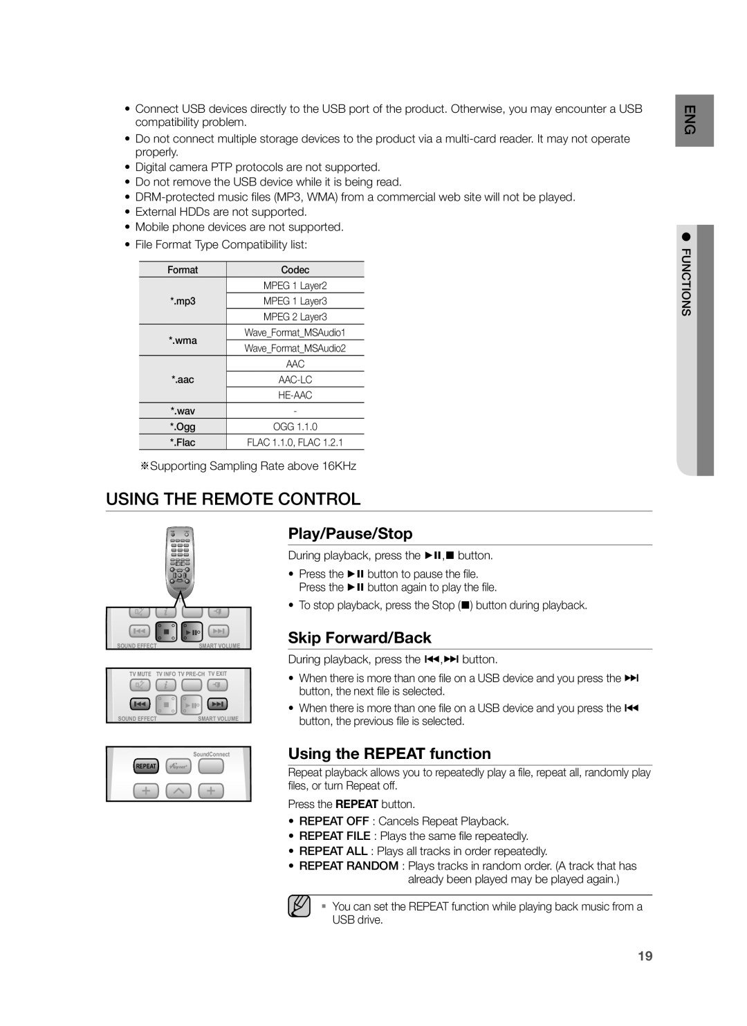 Samsung HW-H551/UM, HW-H550/UM Using the Remote Control, Play/Pause/Stop, Skip Forward/Back, Using the Repeat function 