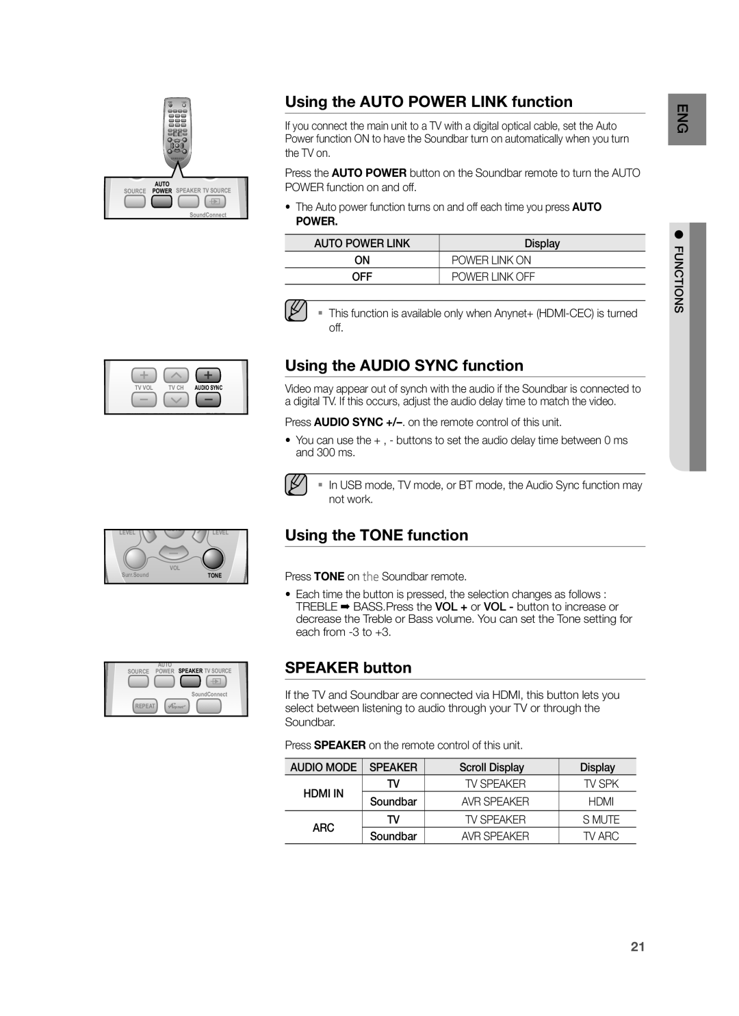 Samsung HW-H550/ZN, HW-H550/UM Using the Auto Power Link function, Using the Audio Sync function, Using the Tone function 