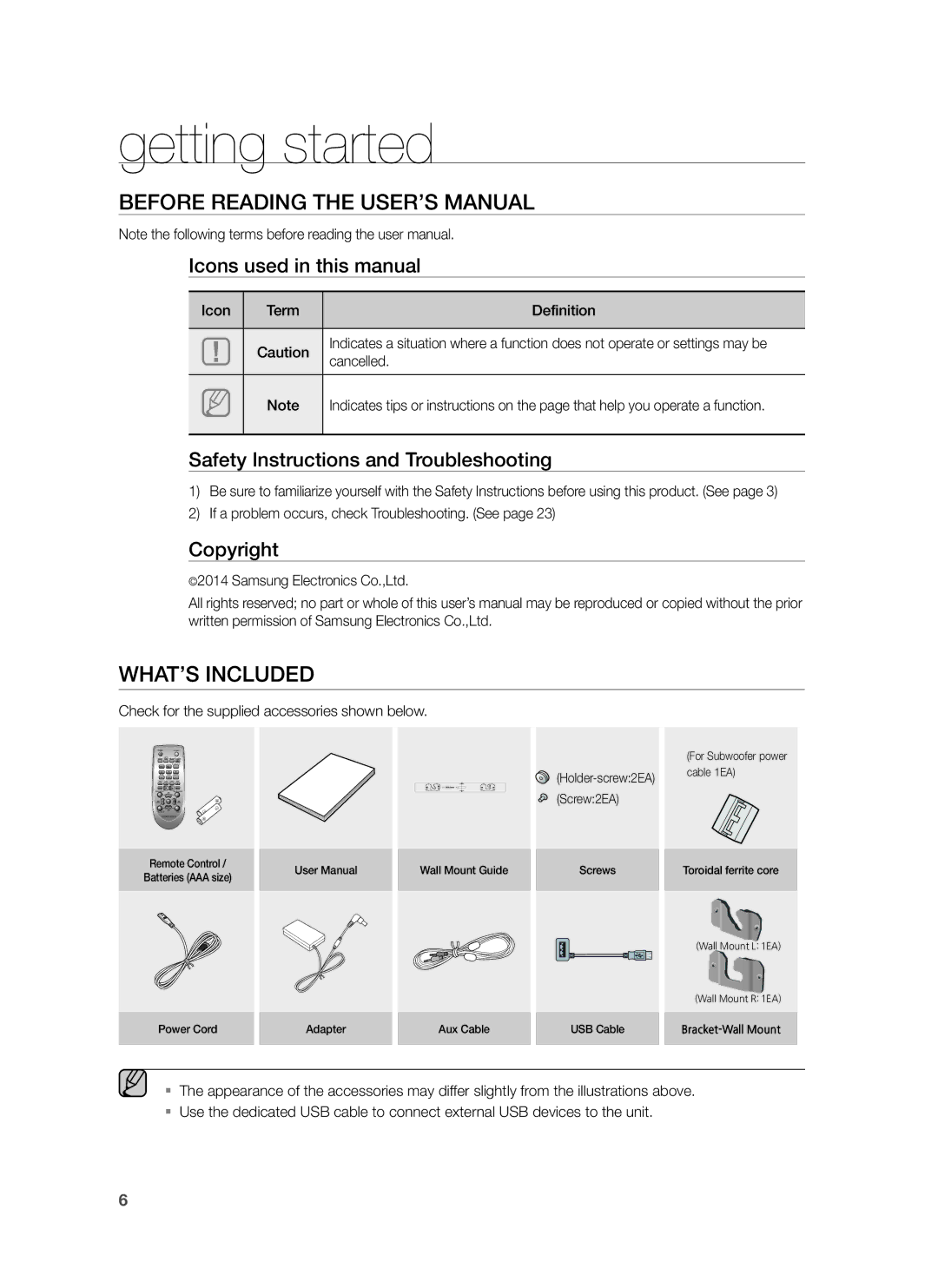 Samsung HW-H550/ZN, HW-H550/UM, HW-H551/ZN, HW-H551/SJ Getting started, Before Reading the USER’S Manual, WHAT’S Included 