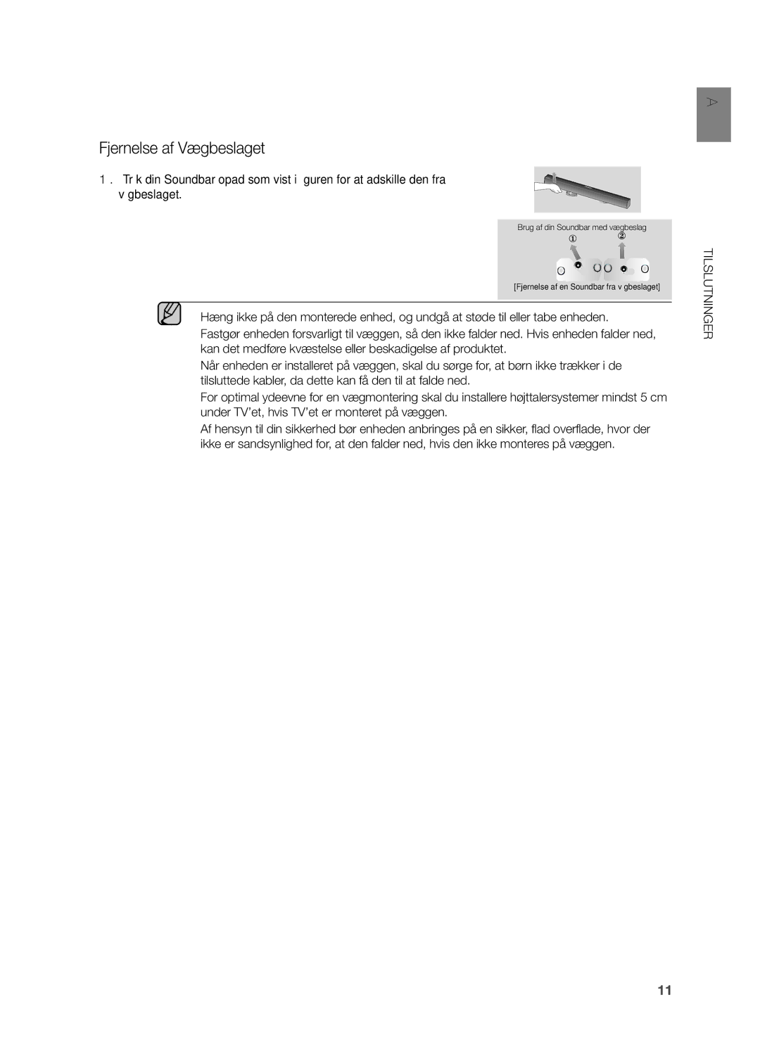 Samsung HW-H551/XE, HW-H550/XE manual Fjernelse af Vægbeslaget 