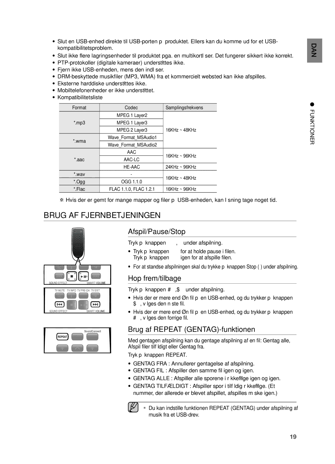 Samsung HW-H551/XE manual Brug AF Fjernbetjeningen, Afspil/Pause/Stop, Hop frem/tilbage, Brug af Repeat GENTAG-funktionen 