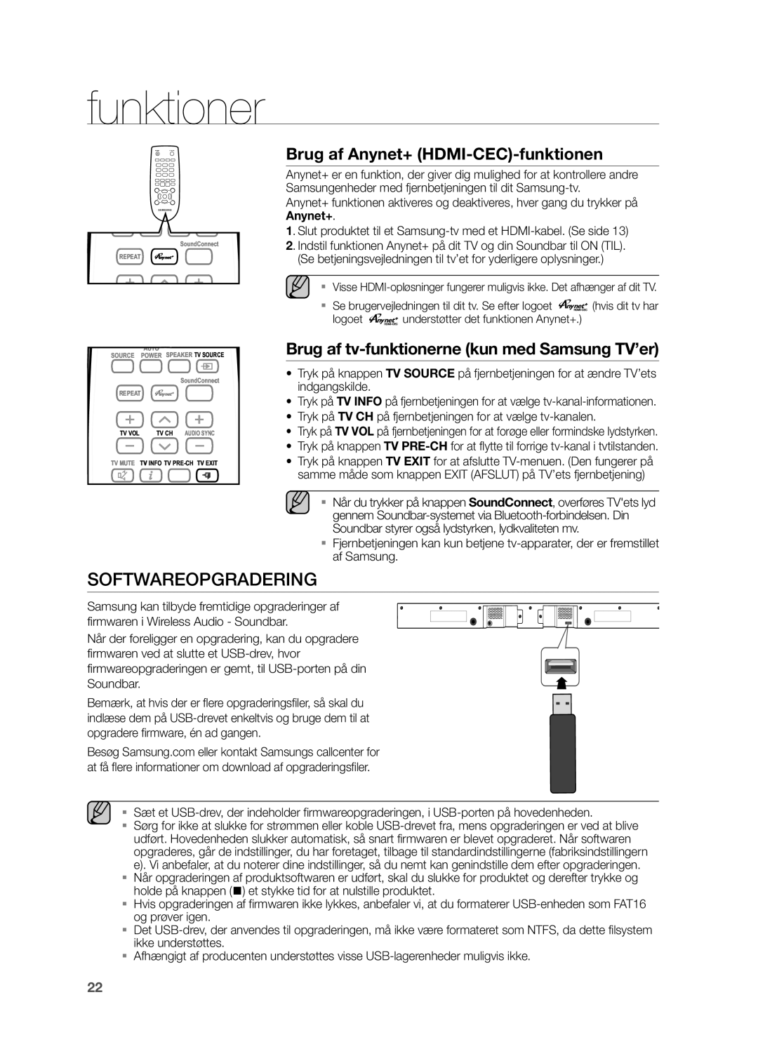 Samsung HW-H550/XE Softwareopgradering, Brug af Anynet+ HDMI-CEC-funktionen, Brug af tv-funktionerne kun med Samsung TV’er 