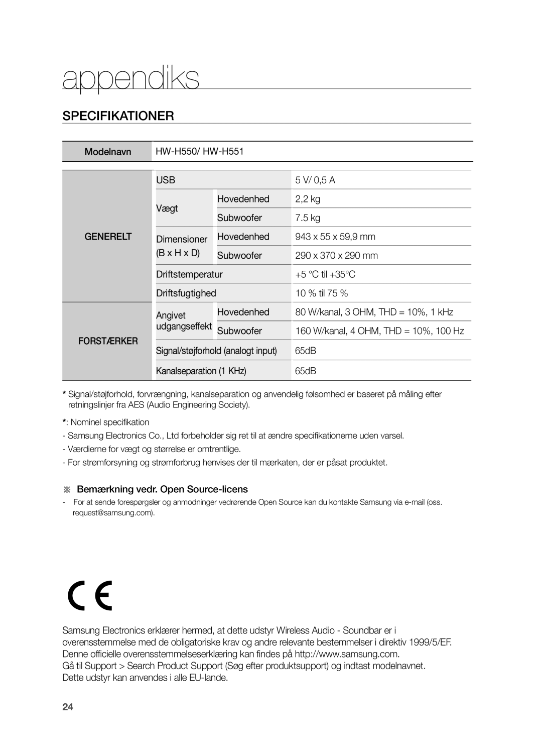 Samsung HW-H550/XE, HW-H551/XE manual Appendiks, Specifikationer, 160 W/kanal, 4 OHM, THD = 10%, 100 Hz 