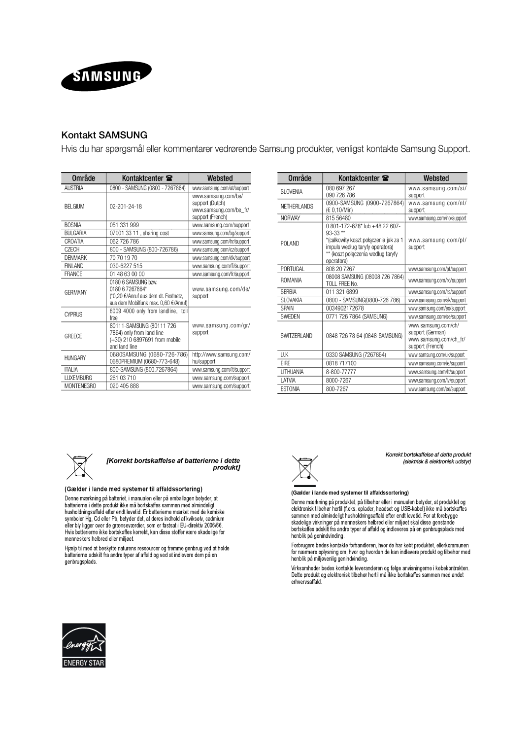 Samsung HW-H551/XE, HW-H550/XE manual Kontakt Samsung 