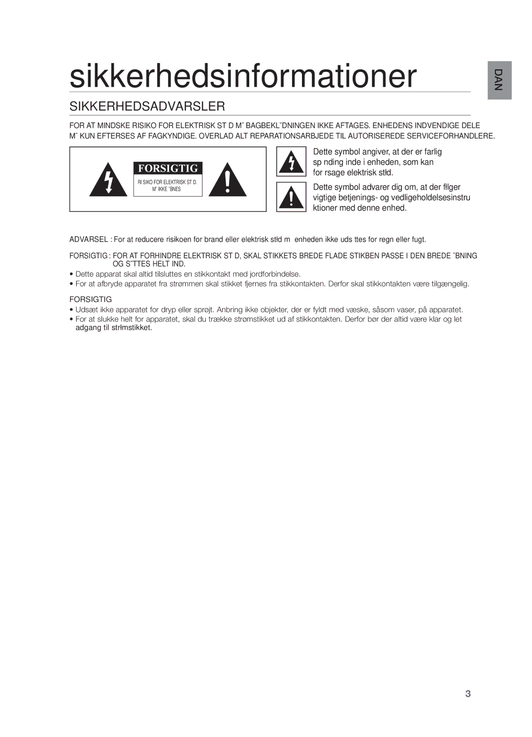 Samsung HW-H551/XE, HW-H550/XE manual Sikkerhedsinformationer, Sikkerhedsadvarsler 