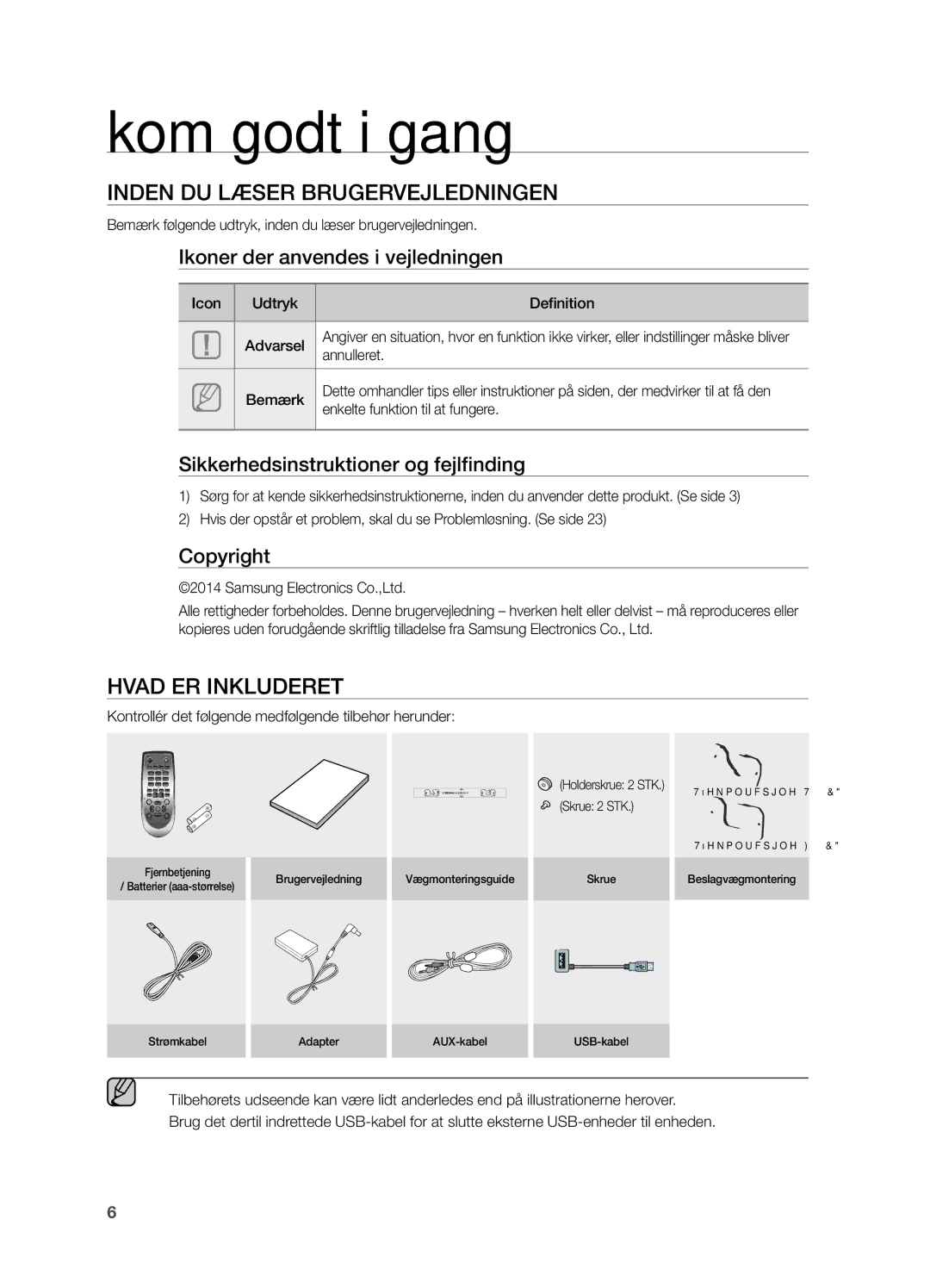 Samsung HW-H550/XE, HW-H551/XE manual Kom godt i gang, Inden DU Læser Brugervejledningen, Hvad ER Inkluderet 