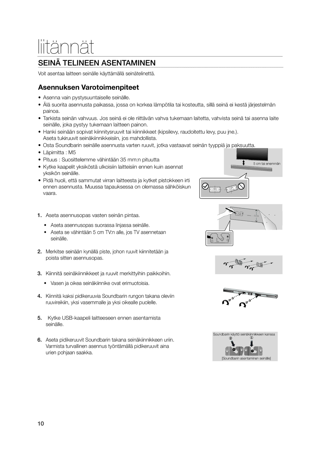 Samsung HW-H550/XE, HW-H551/XE manual Liitännät, Seinä Telineen Asentaminen, Asennuksen Varotoimenpiteet 