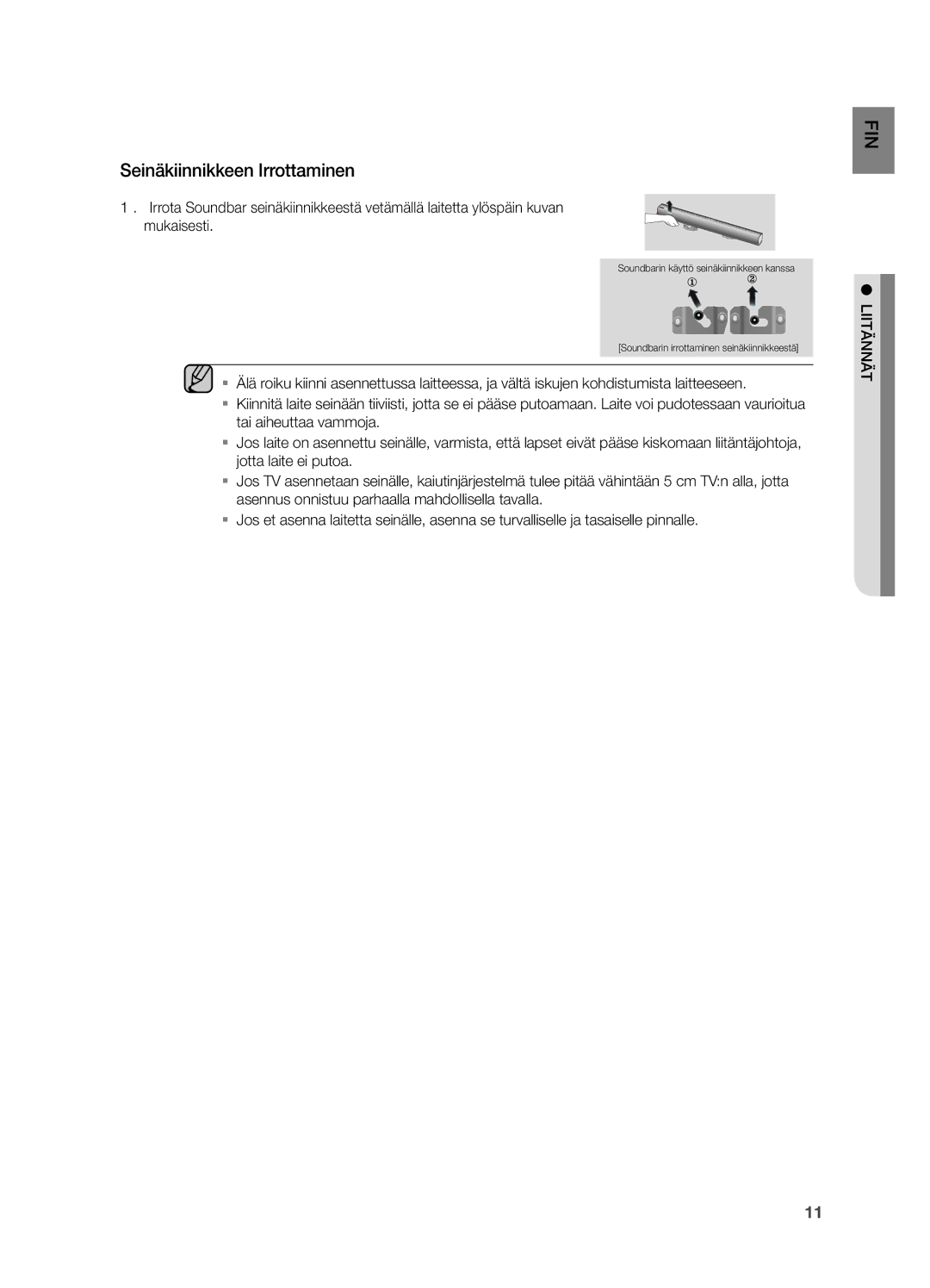 Samsung HW-H551/XE, HW-H550/XE manual Seinäkiinnikkeen Irrottaminen, Liitännät 