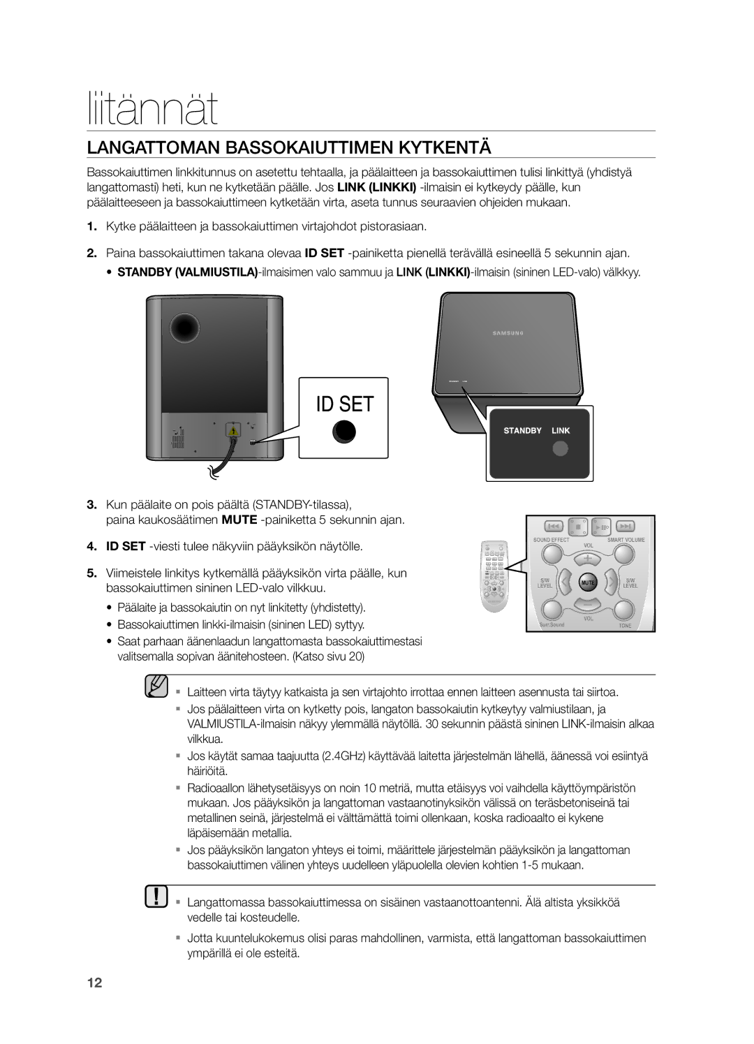 Samsung HW-H550/XE, HW-H551/XE manual Langattoman Bassokaiuttimen Kytkentä, Bassokaiuttimen sininen LED-valo vilkkuu 