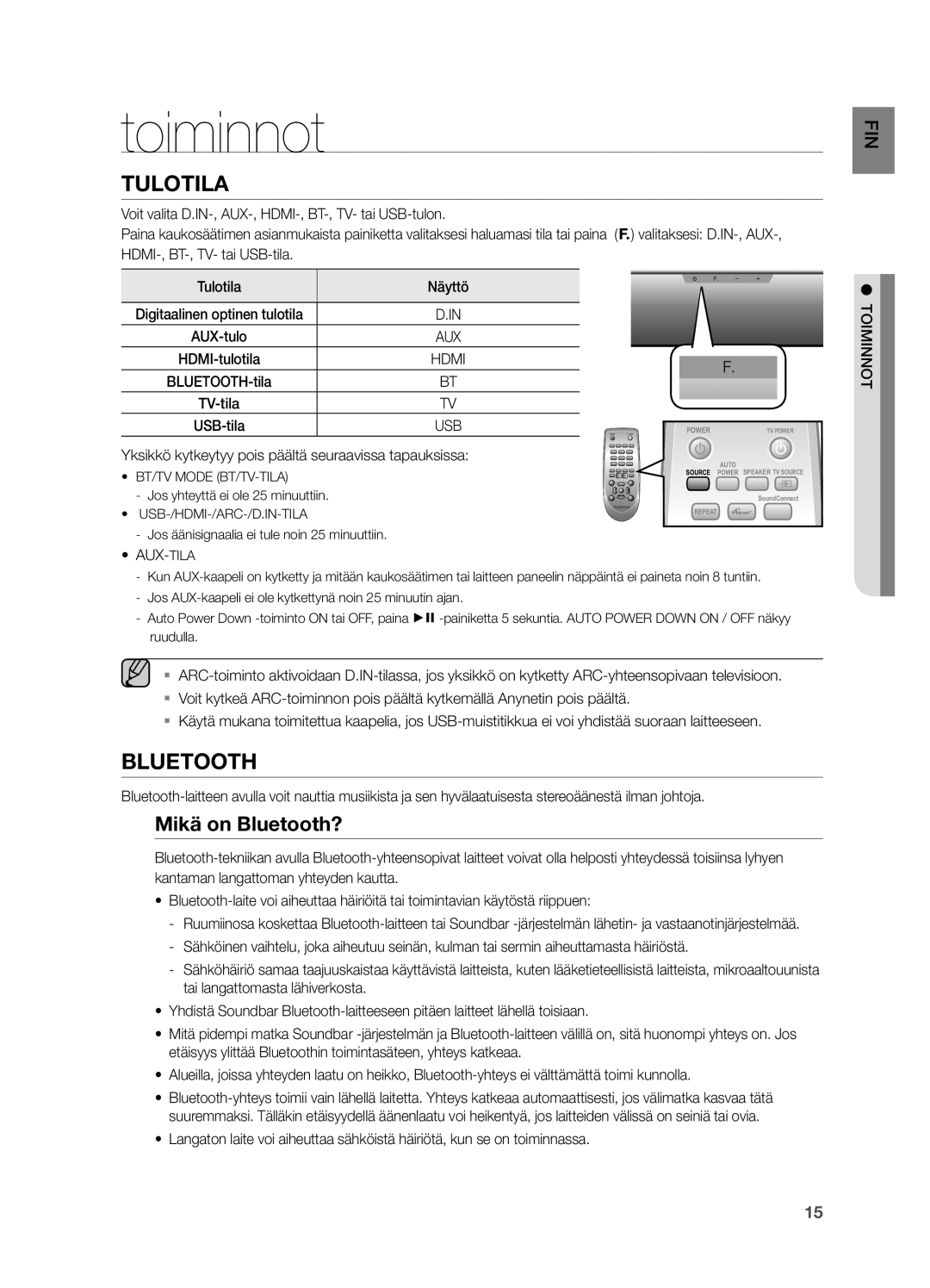 Samsung HW-H551/XE manual Toiminnot, Mikä on Bluetooth?, Yksikkö kytkeytyy pois päältä seuraavissa tapauksissa, Aux-Tila 