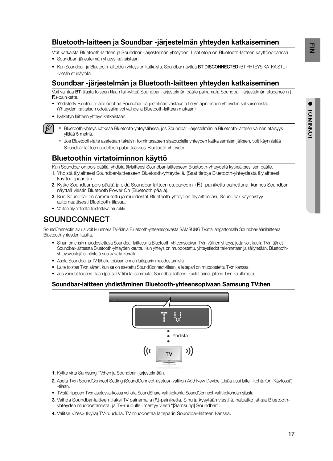 Samsung HW-H551/XE, HW-H550/XE manual Soundconnect, Bluetoothin virtatoiminnon käyttö 