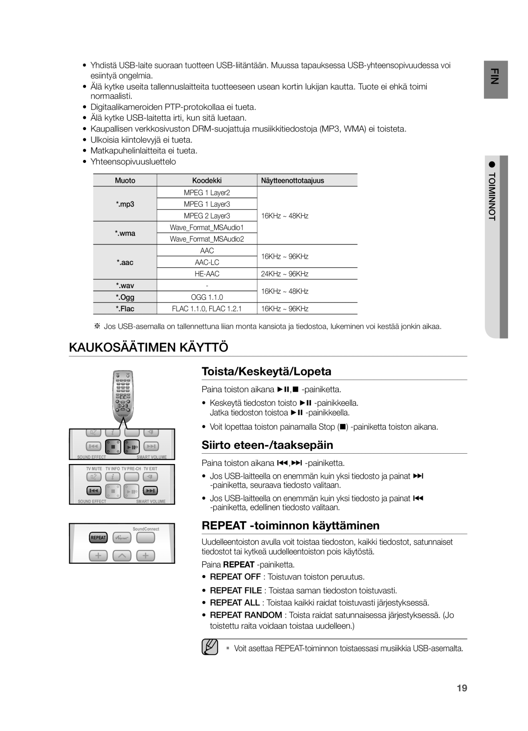 Samsung HW-H551/XE Kaukosäätimen Käyttö, Toista/Keskeytä/Lopeta, Siirto eteen-/taaksepäin, Repeat -toiminnon käyttäminen 