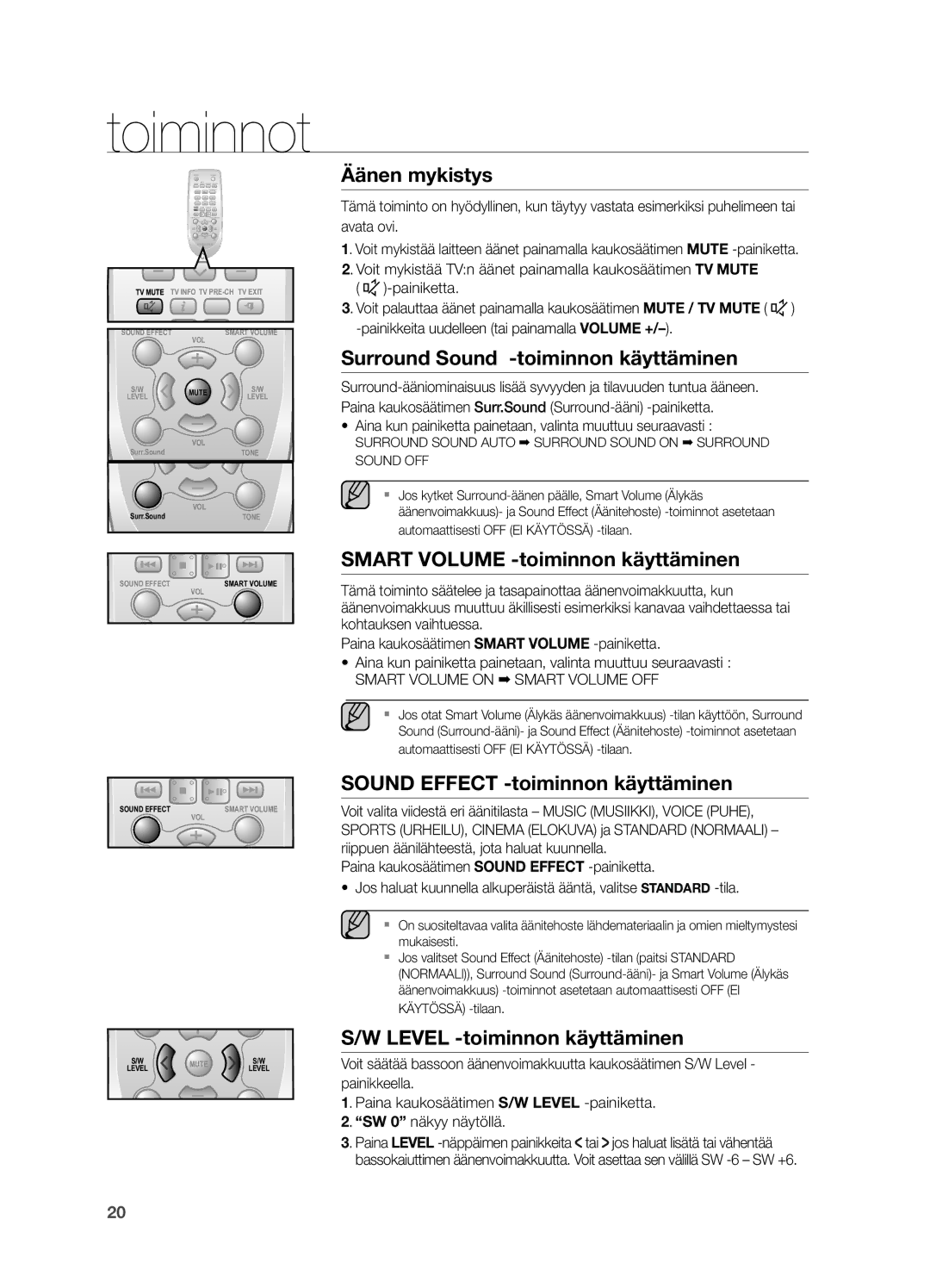 Samsung HW-H550/XE, HW-H551/XE Äänen mykistys, Surround Sound -toiminnon käyttäminen, Smart Volume -toiminnon käyttäminen 