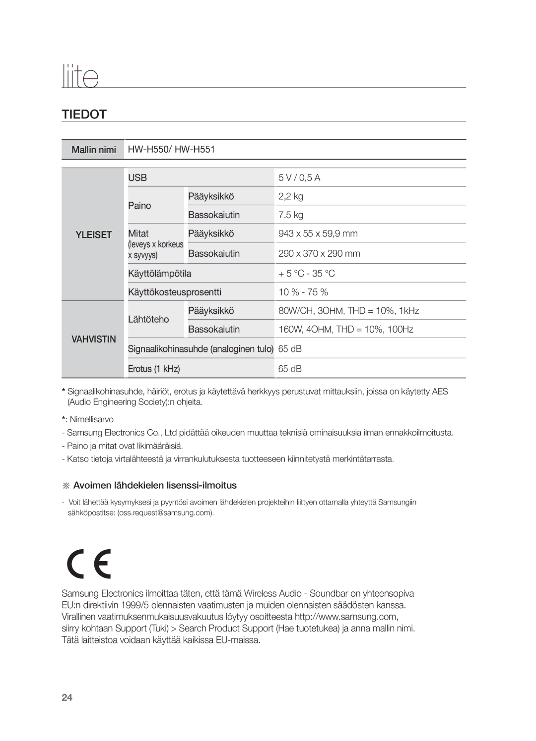 Samsung HW-H550/XE, HW-H551/XE manual Liite, Tiedot, Erotus 1 kHz 