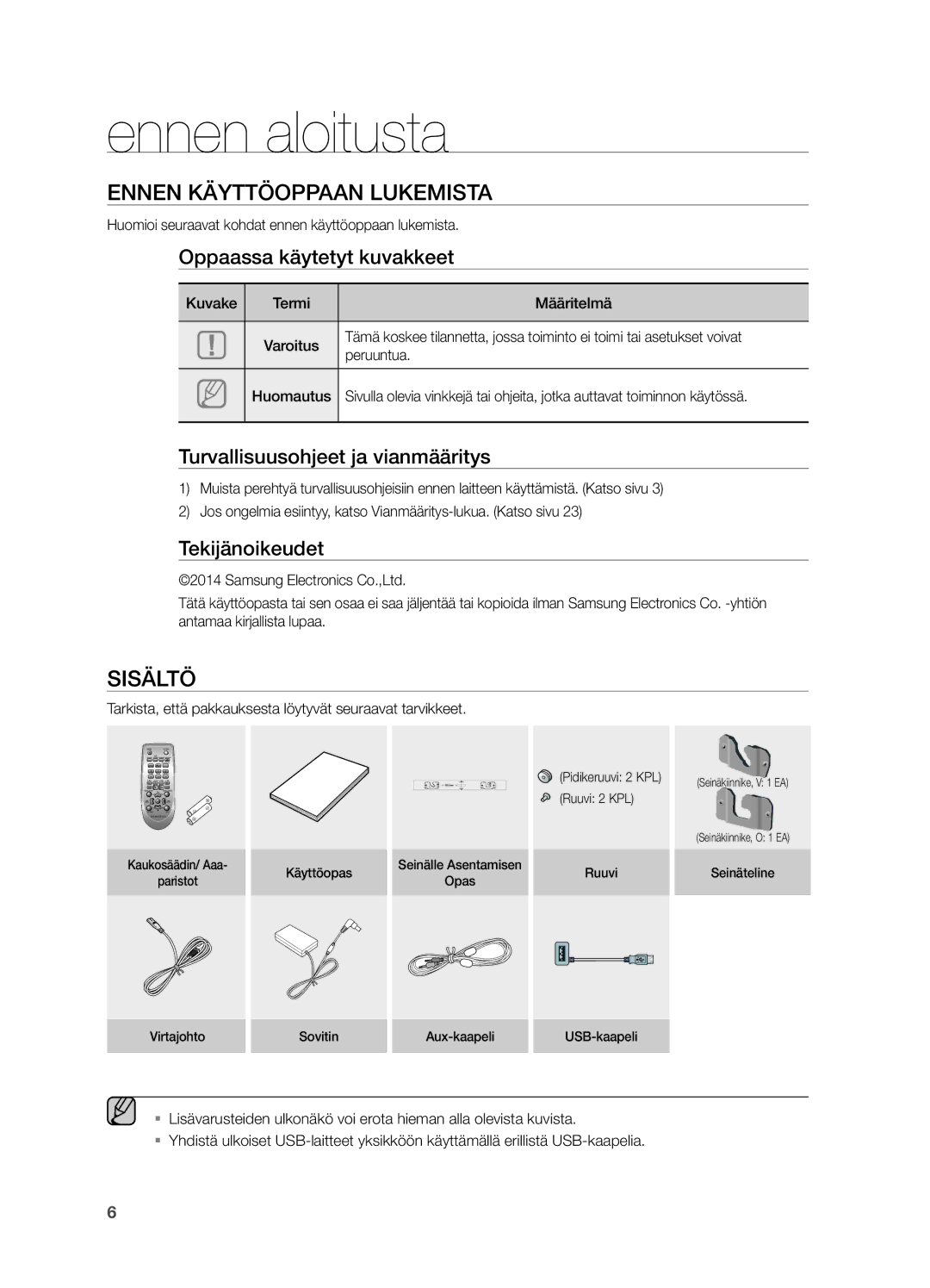 Samsung HW-H550/XE, HW-H551/XE manual Ennen aloitusta, Ennen Käyttöoppaan Lukemista, Sisältö 