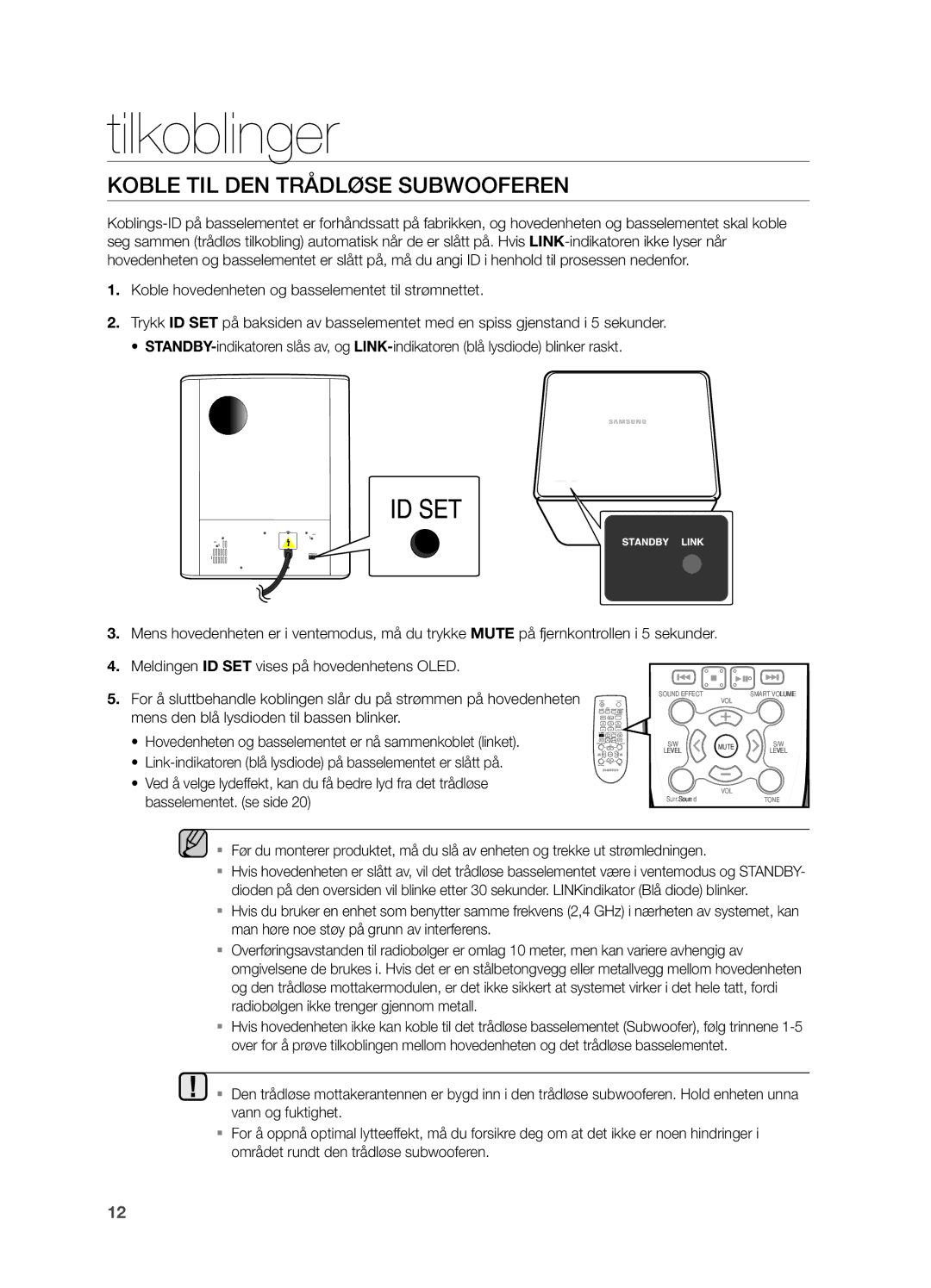 Samsung HW-H550/XE, HW-H551/XE manual Koble TIL DEN Trådløse Subwooferen 