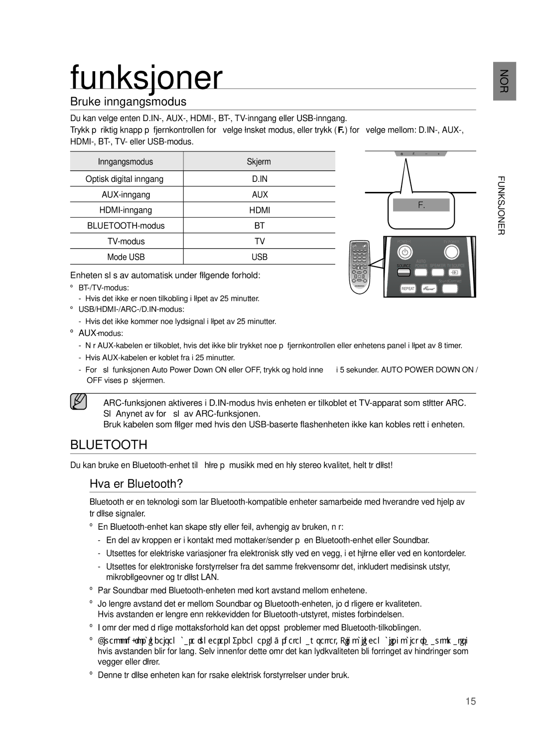 Samsung HW-H551/XE, HW-H550/XE manual Funksjoner, Bruke inngangsmodus, Hva er Bluetooth? 