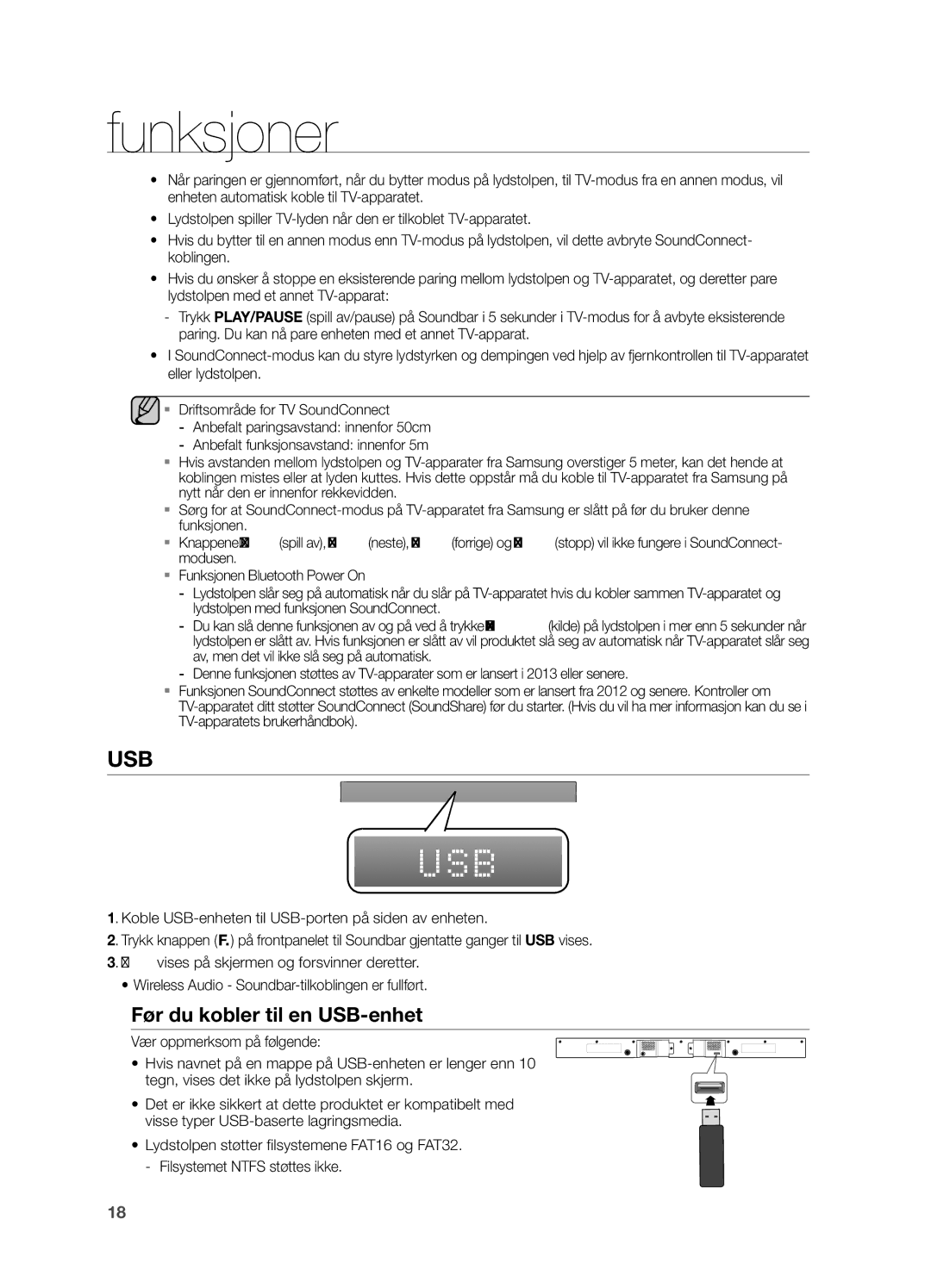 Samsung HW-H550/XE, HW-H551/XE manual Usb, Før du kobler til en USB-enhet 