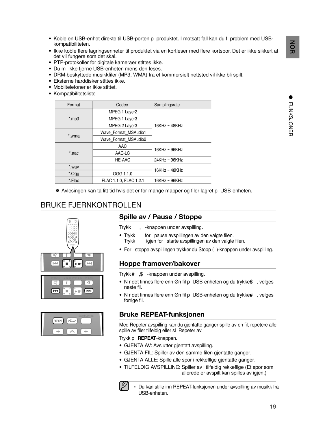 Samsung HW-H551/XE Bruke Fjernkontrollen, Spille av / Pause / Stoppe, Hoppe framover/bakover, Bruke REPEAT-funksjonen 