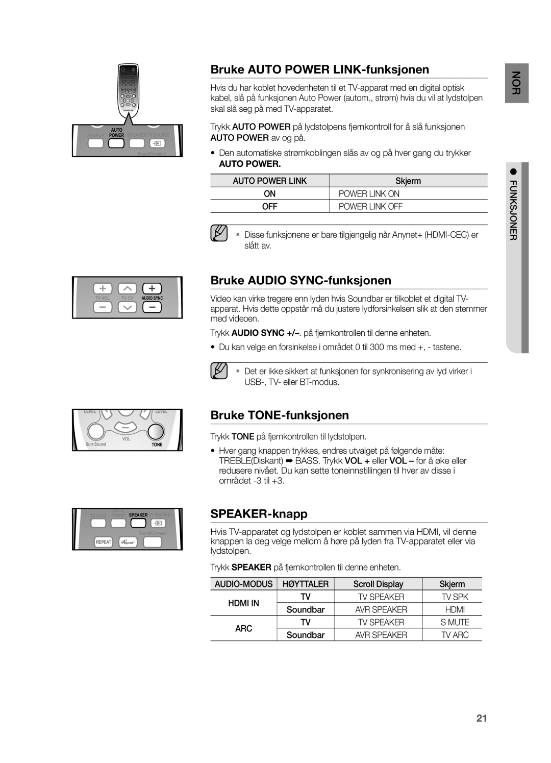 Samsung HW-H551/XE Bruke Auto Power LINK-funksjonen, Bruke Audio SYNC-funksjonen, Bruke TONE-funksjonen, SPEAKER-knapp 