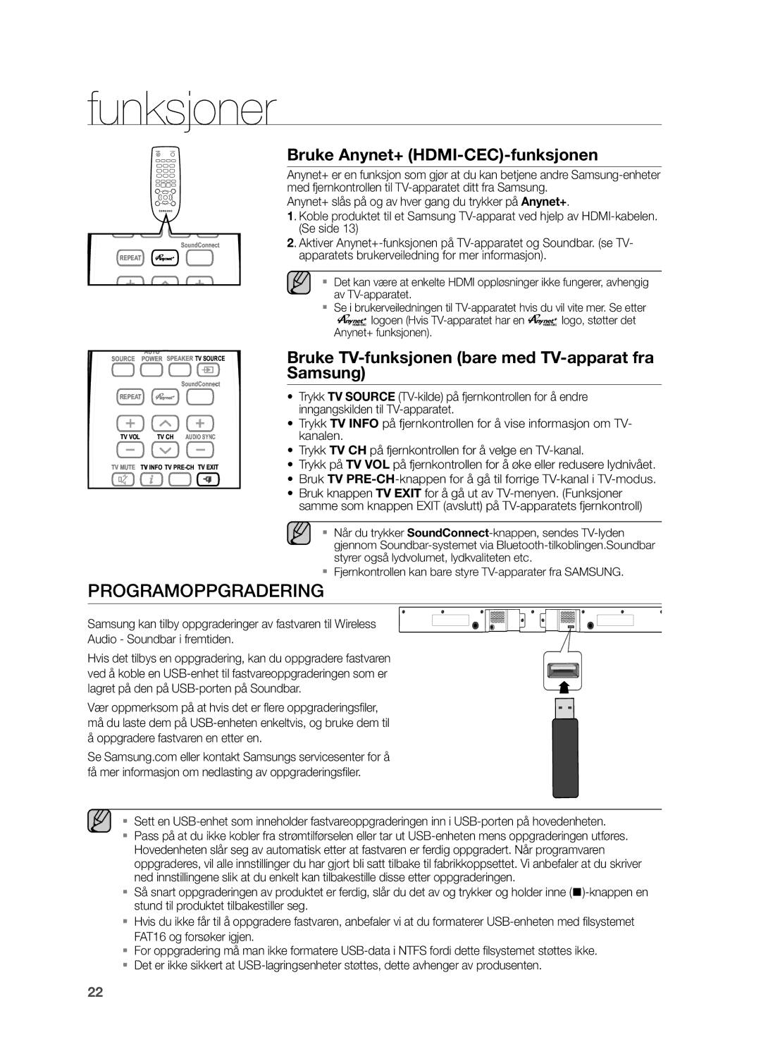 Samsung HW-H550/XE, HW-H551/XE manual Programoppgradering, Bruke Anynet+ HDMI-CEC-funksjonen 