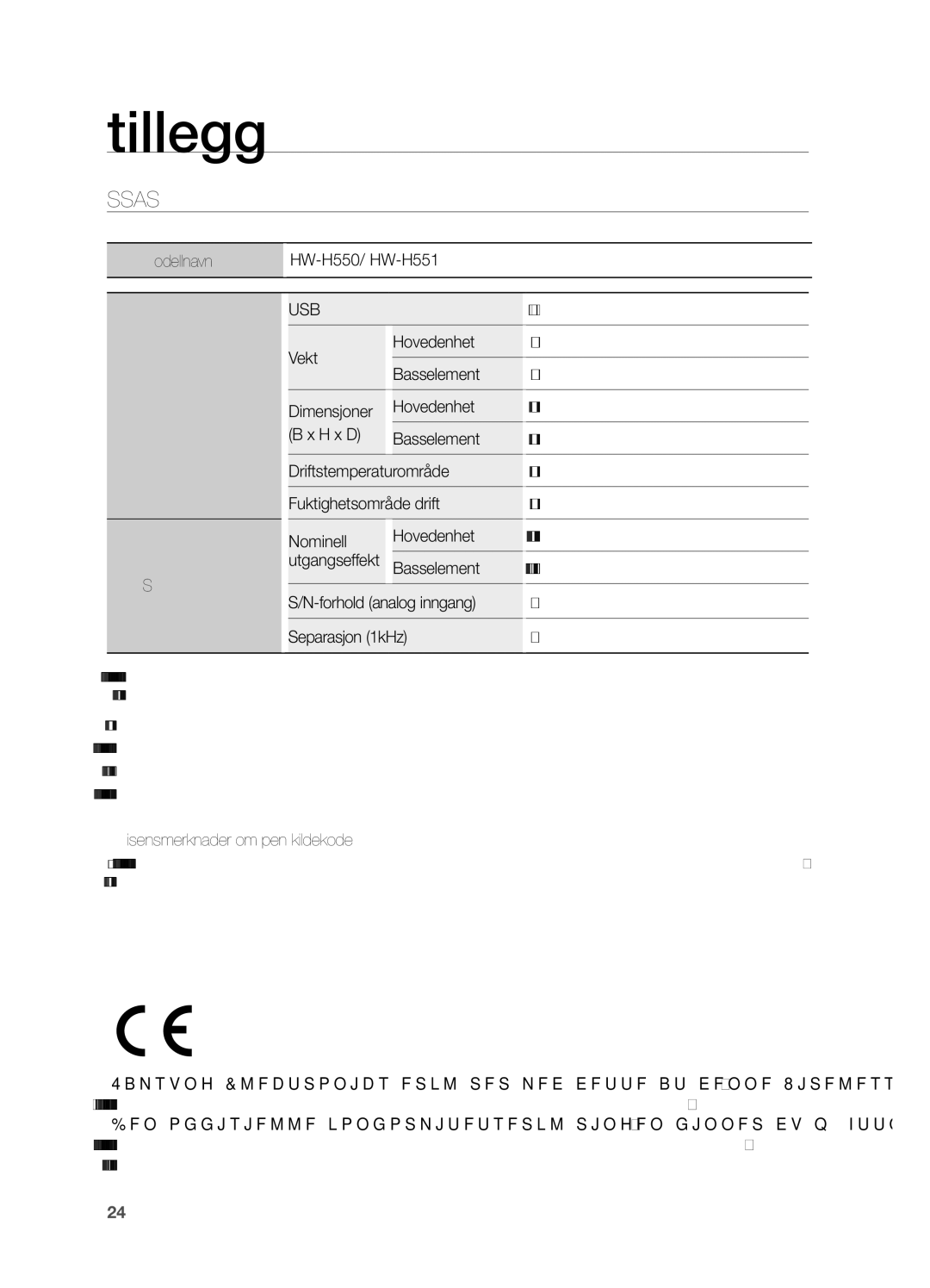 Samsung HW-H550/XE, HW-H551/XE manual Tillegg, Spesifikasjoner 