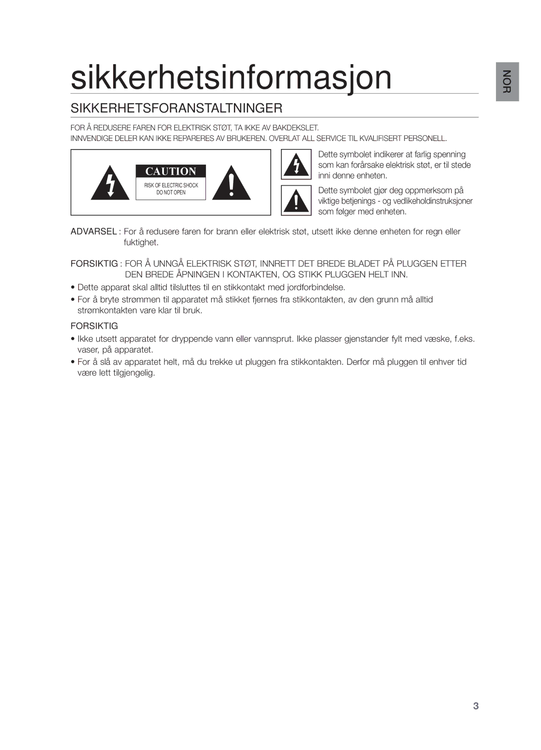 Samsung HW-H551/XE, HW-H550/XE manual Sikkerhetsinformasjon, Sikkerhetsforanstaltninger, Forsiktig 