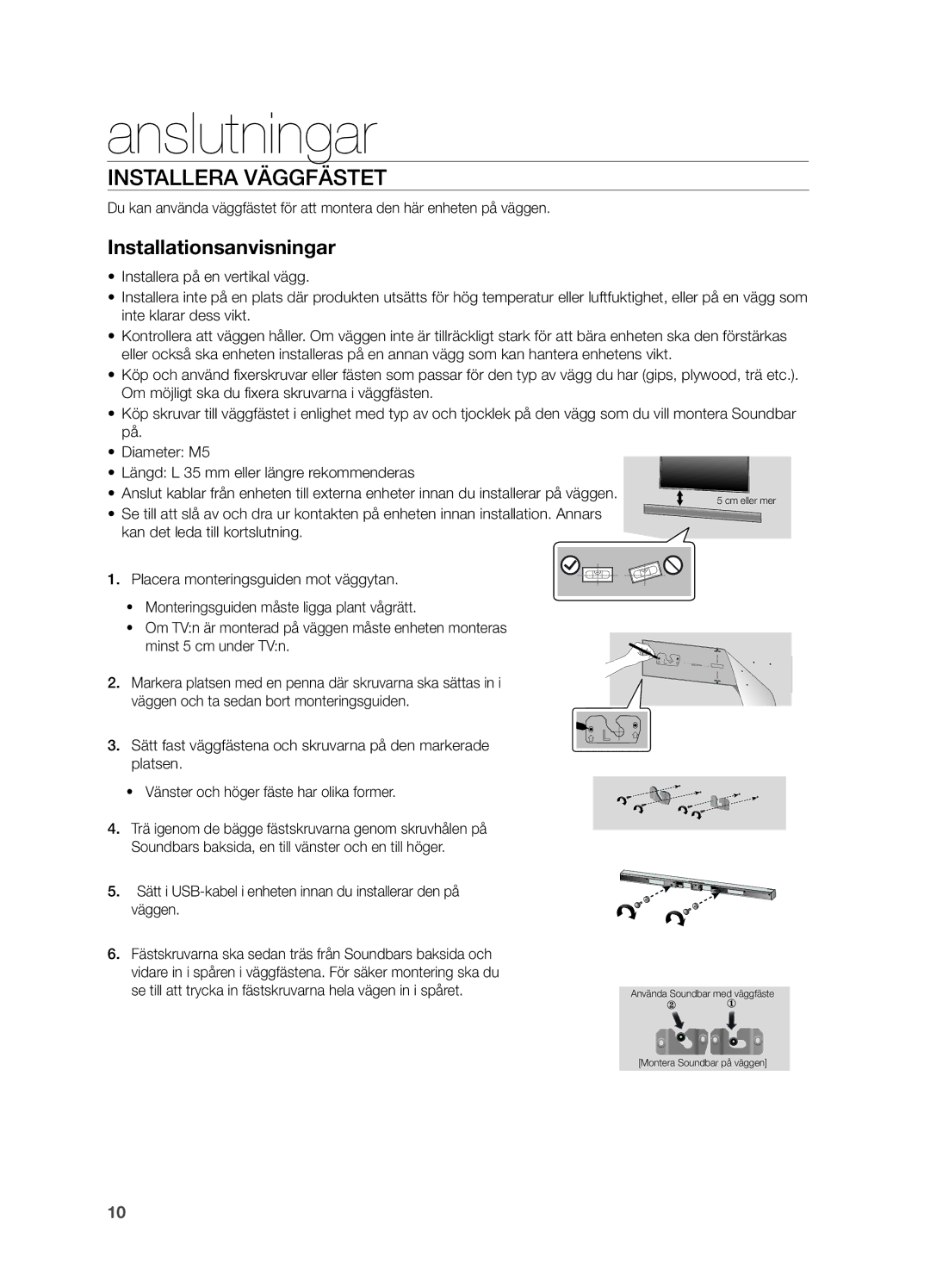 Samsung HW-H550/XE, HW-H551/XE manual Anslutningar, Installera Väggfästet, Installationsanvisningar 