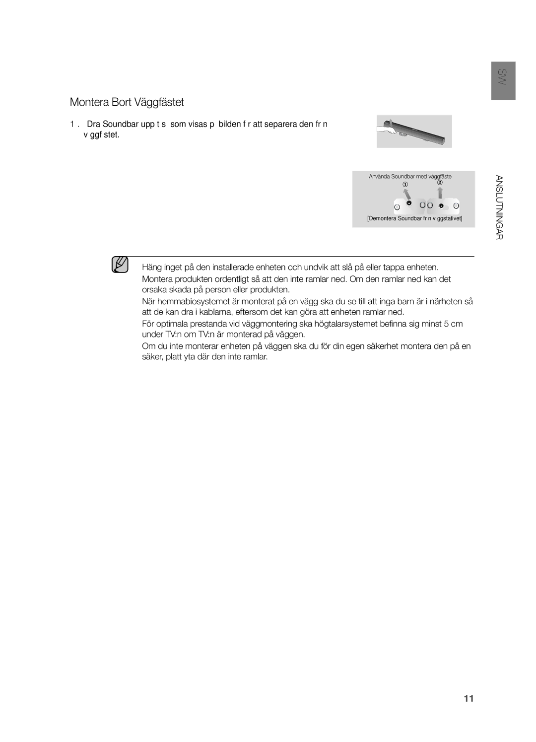 Samsung HW-H551/XE, HW-H550/XE manual Montera Bort Väggfästet 