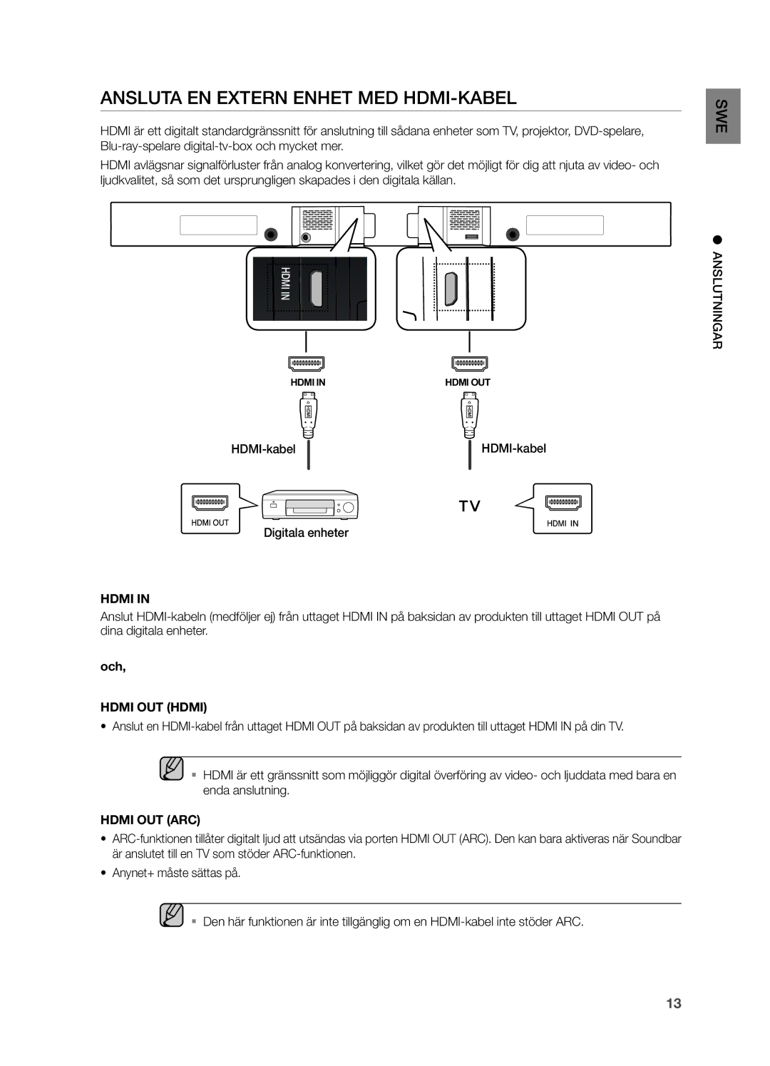 Samsung HW-H551/XE, HW-H550/XE manual Ansluta EN Extern Enhet MED HDMI-KABEL, HDMI-kabel, Digitala enheter 