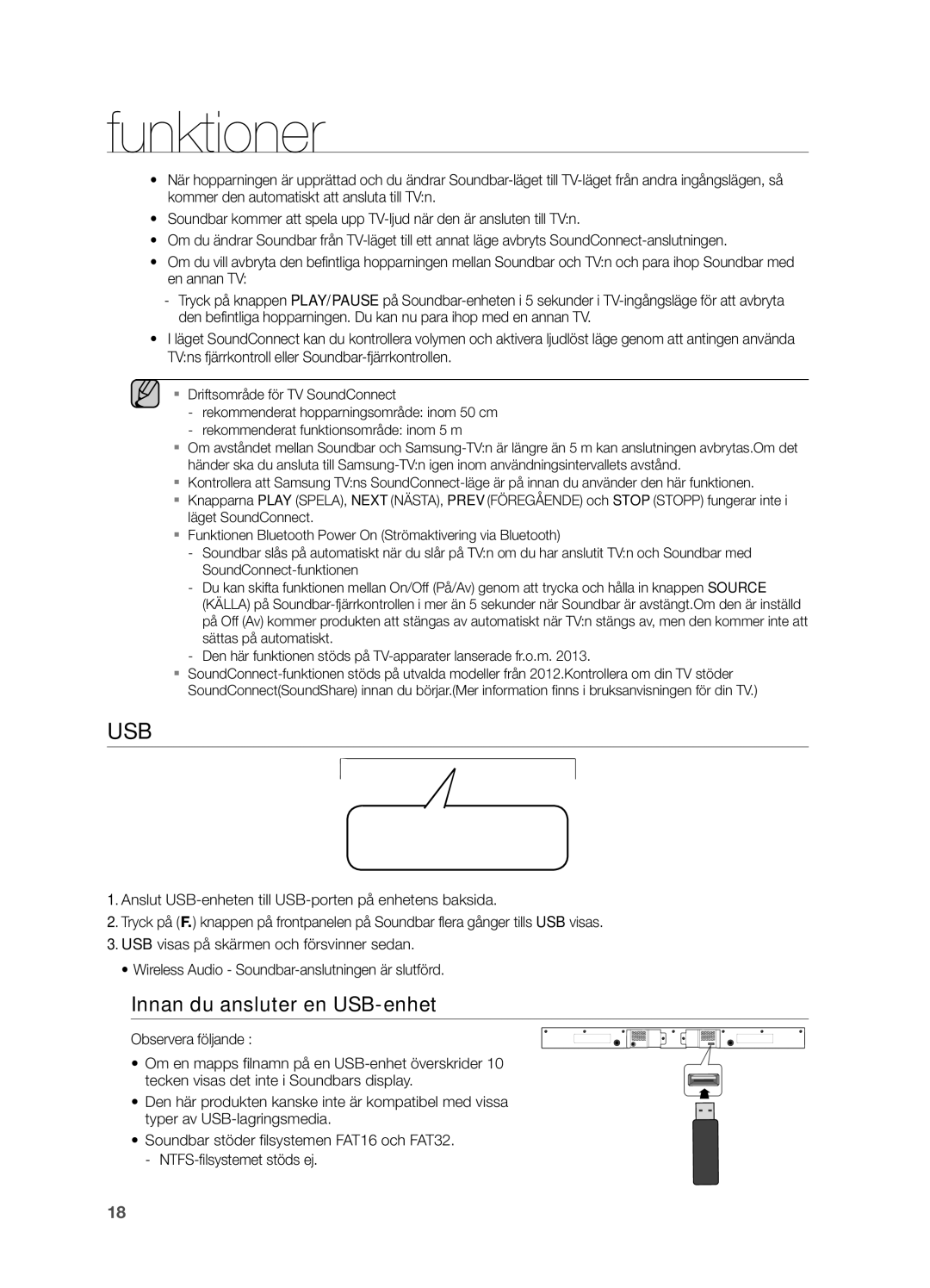 Samsung HW-H550/XE, HW-H551/XE manual Usb, Innan du ansluter en USB-enhet 