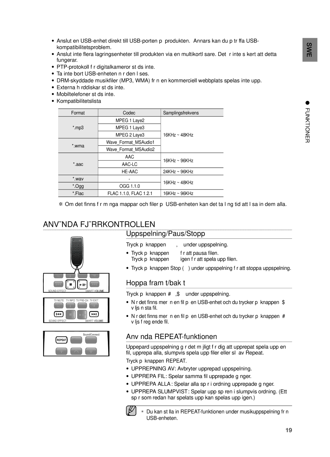 Samsung HW-H551/XE manual Använda Fjärrkontrollen, Uppspelning/Paus/Stopp, Hoppa framåt/bakåt, Använda REPEAT-funktionen 