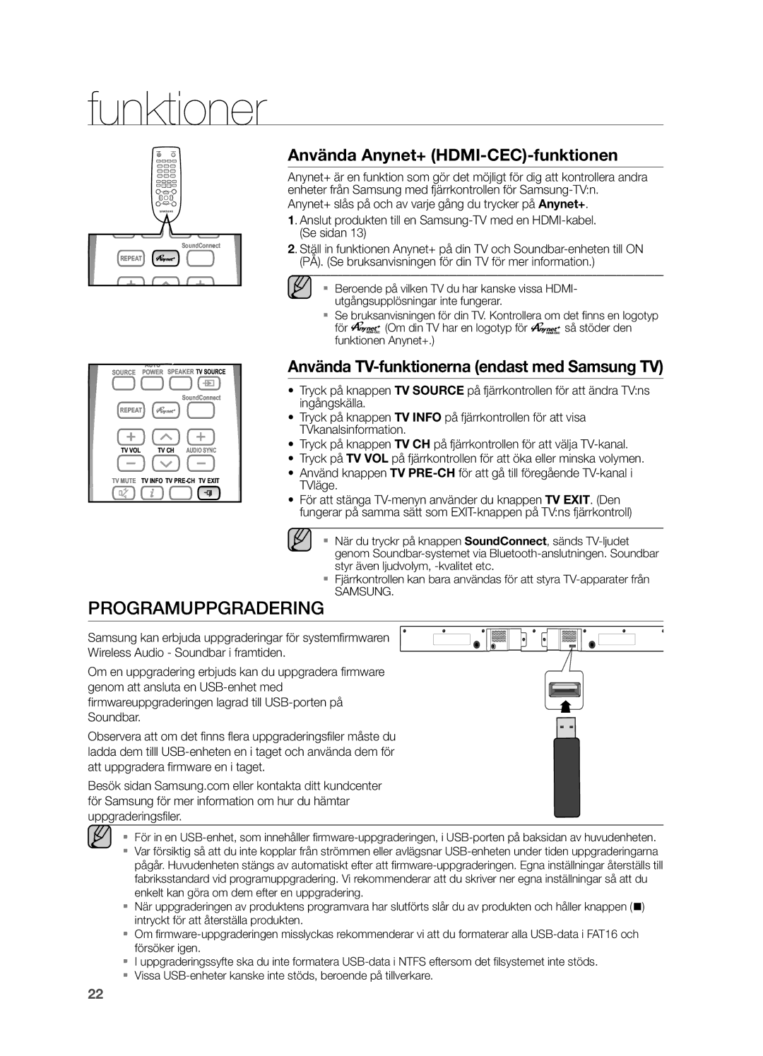 Samsung HW-H550/XE, HW-H551/XE manual Programuppgradering, Använda Anynet+ HDMI-CEC-funktionen 