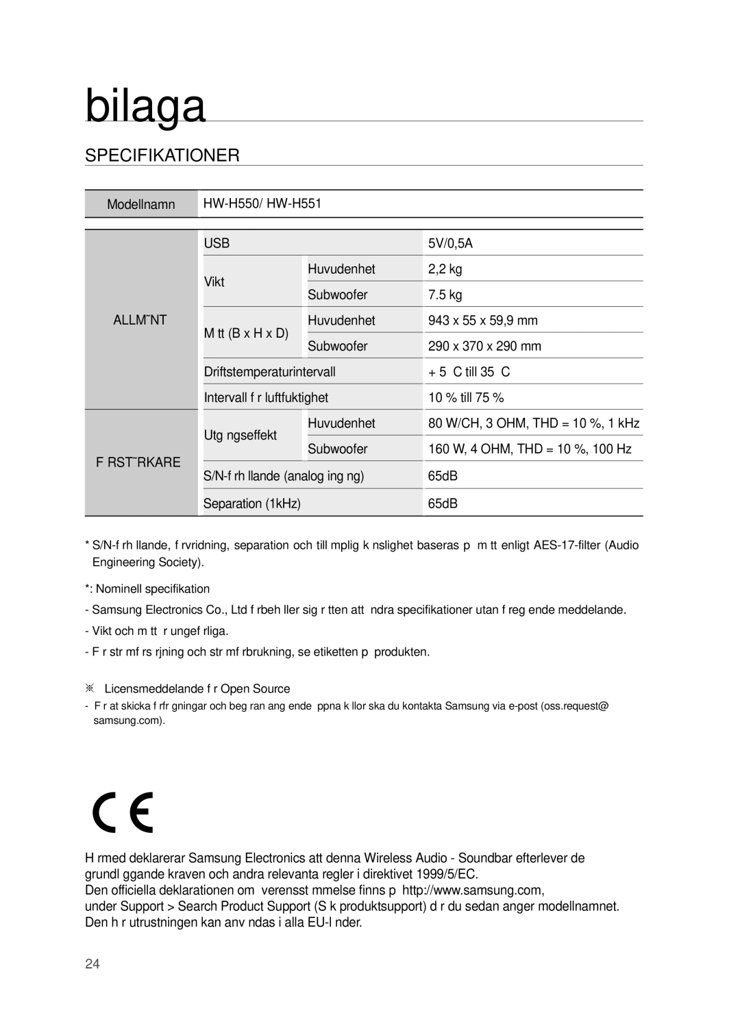 Samsung HW-H550/XE manual Bilaga, Specifikationer, 80 W/CH, 3 OHM, THD = 10 %, 1 kHz, 160 W, 4 OHM, THD = 10 %, 100 Hz 