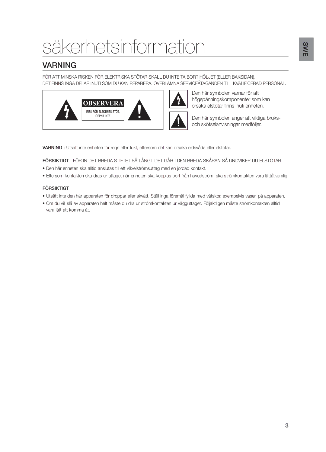 Samsung HW-H551/XE, HW-H550/XE manual Säkerhetsinformation, Varning, Och skötselanvisningar medföljer 