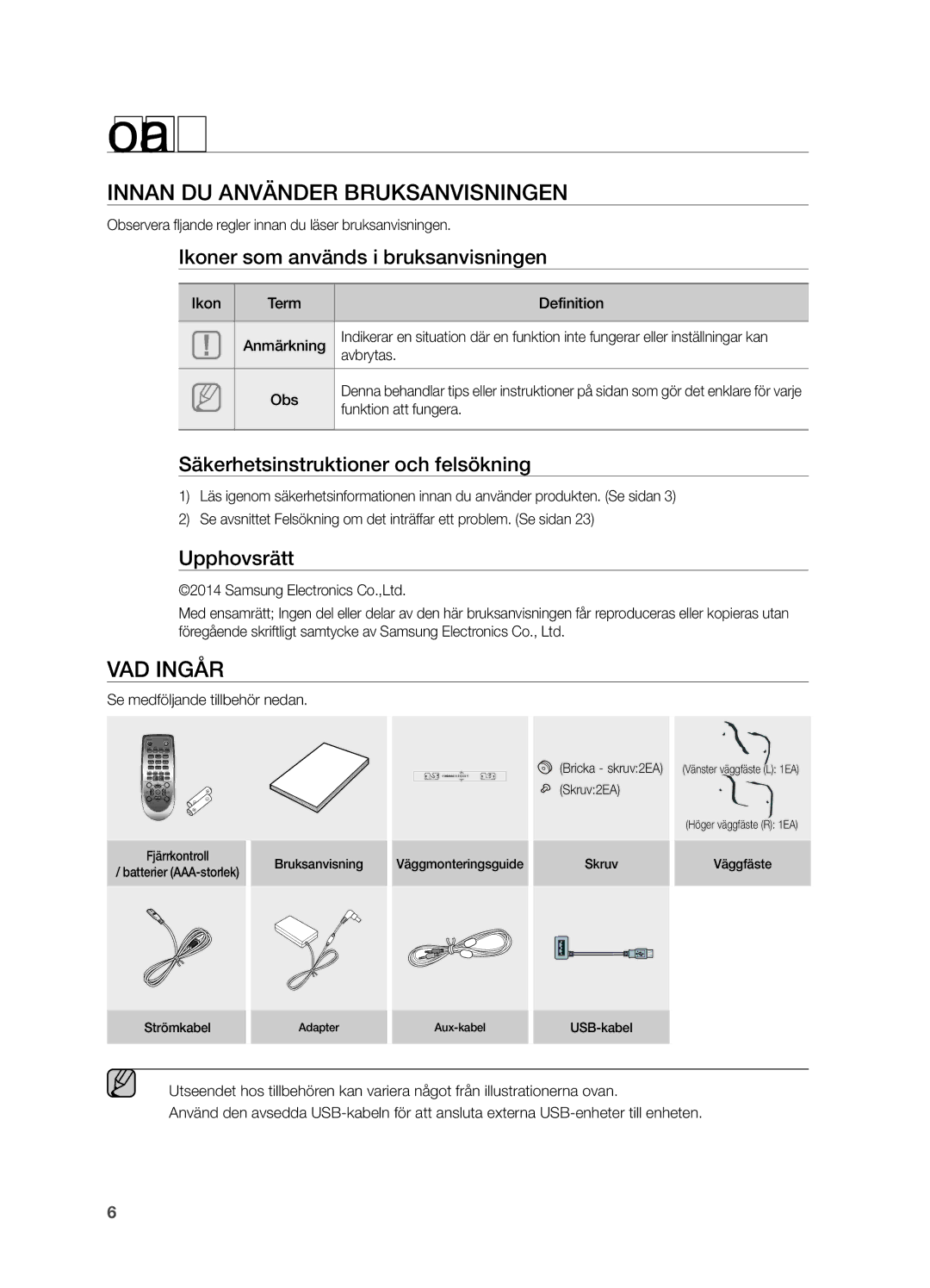 Samsung HW-H550/XE, HW-H551/XE manual Komma igång, Innan DU Använder Bruksanvisningen, VAD Ingår 