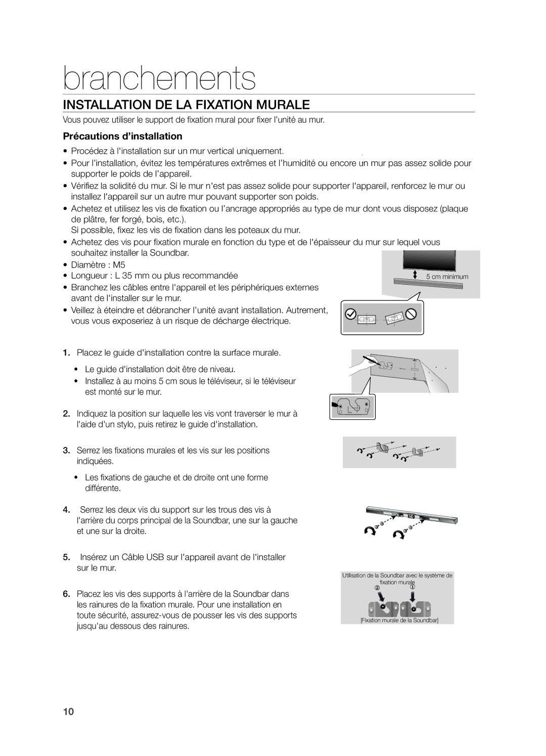 Samsung HW-H550/ZF, HW-H551/ZF manual Branchements, Installation DE LA Fixation Murale 