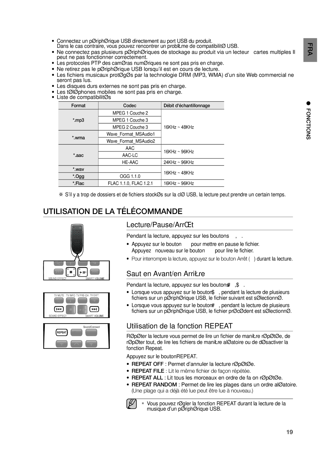 Samsung HW-H551/ZF, HW-H550/ZF manual Utilisation DE LA Télécommande, POWERLecture/Pause/Arrêt, Saut en Avant/en Arrière 