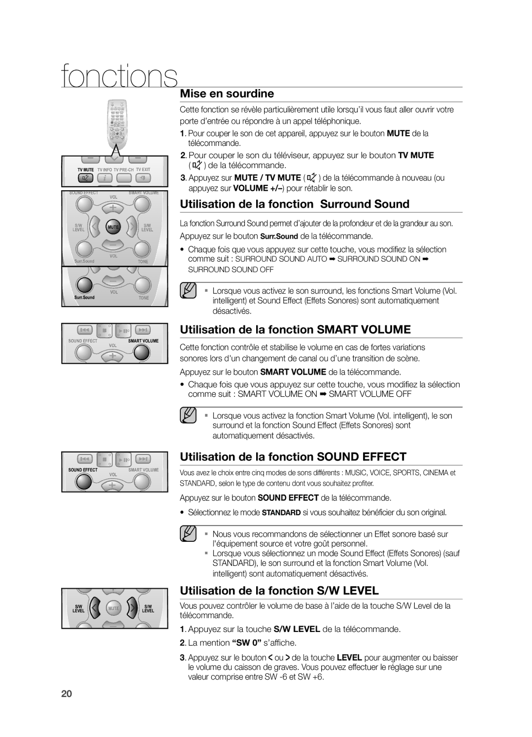 Samsung HW-H550/ZF, HW-H551/ZF manual FonctionsMise en sourdine, Utilisation de la fonction Surround Sound 