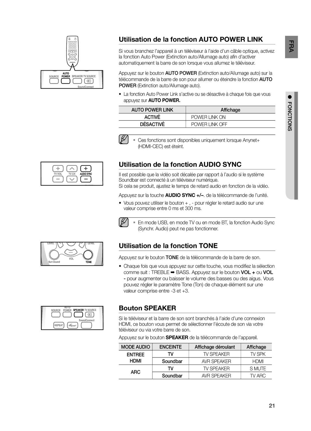 Samsung HW-H551/ZF manual Utilisation de la fonction Auto Power Link, Utilisation de la fonction Audio Sync, Bouton Speaker 