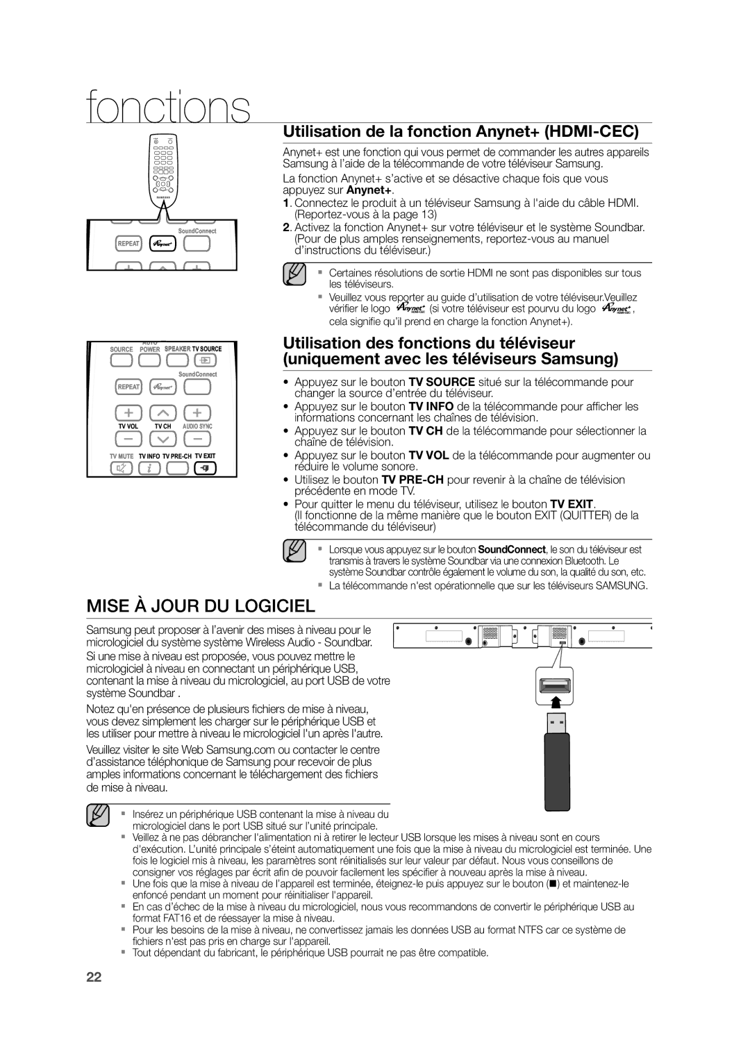 Samsung HW-H550/ZF, HW-H551/ZF manual Mise À Jour DU Logiciel, Utilisation de la fonction Anynet+ HDMI-CEC 