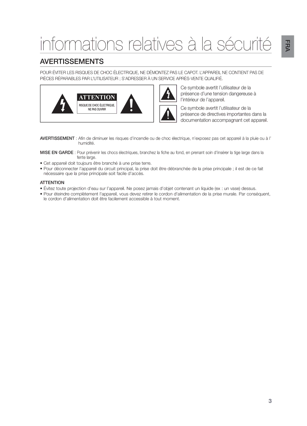 Samsung HW-H551/ZF, HW-H550/ZF manual Informations relatives à la sécurité, Avertissements 