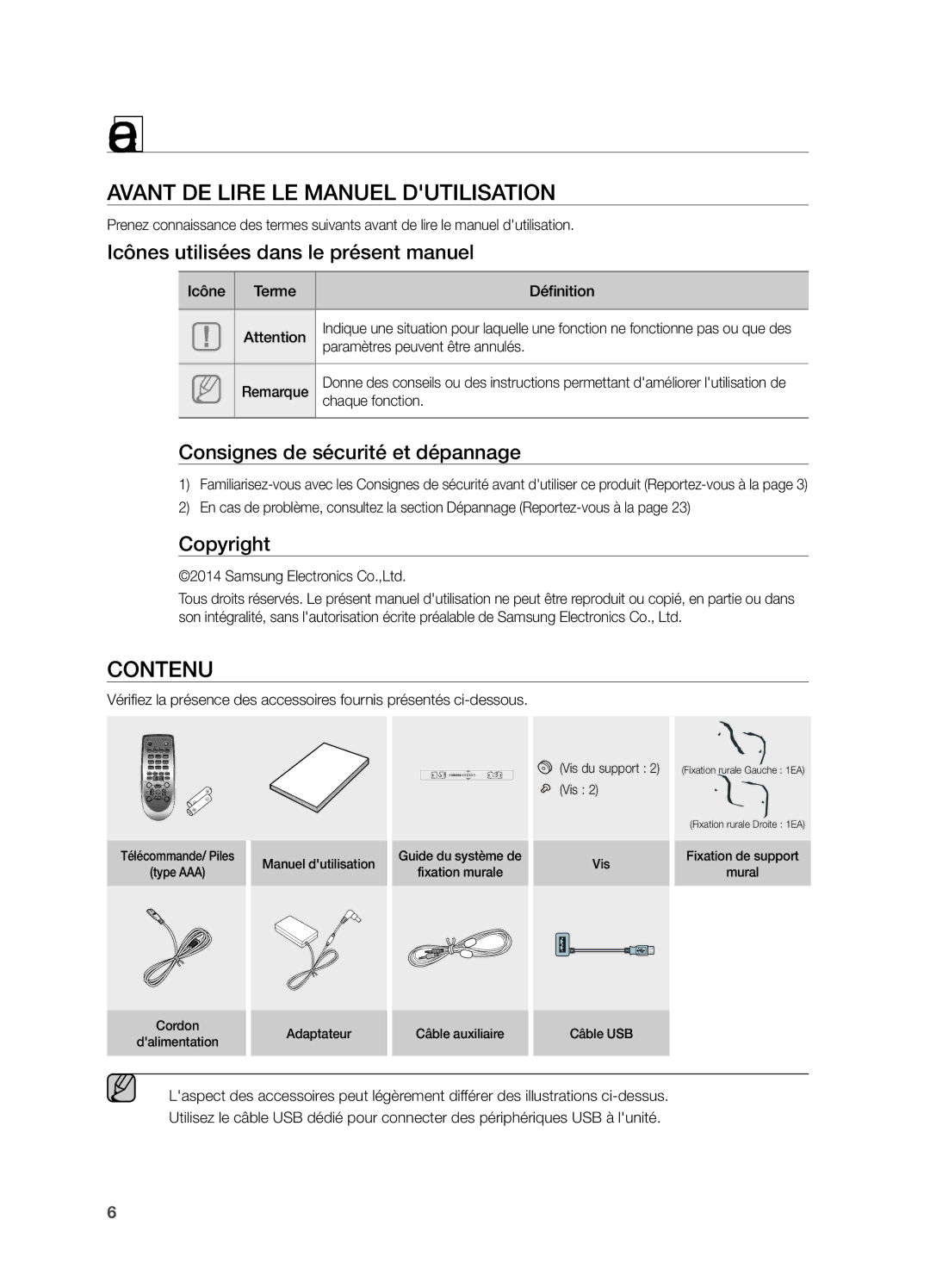 Samsung HW-H550/ZF, HW-H551/ZF manual Démarrage, Avant DE Lire LE Manuel Dutilisation, Contenu 