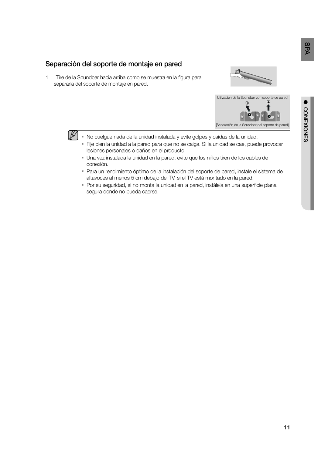 Samsung HW-H551/ZF, HW-H550/ZF manual Separación del soporte de montaje en pared, Conexiones 